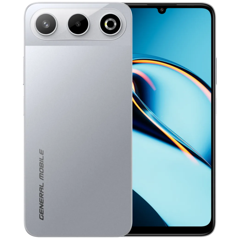 Arka planda mavi soyut bir zemine sahip, üç arka kamerası olan gümüş renkli akıllı telefon.