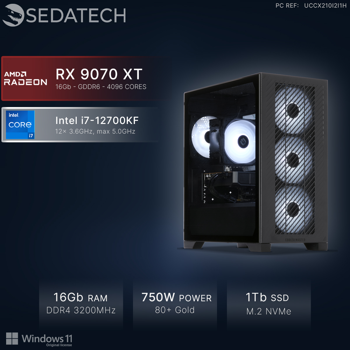 Un PC gamer noir avec ventilateurs RGB, doté d'un AMD RX 9070 XT et Intel i7-12700KF.