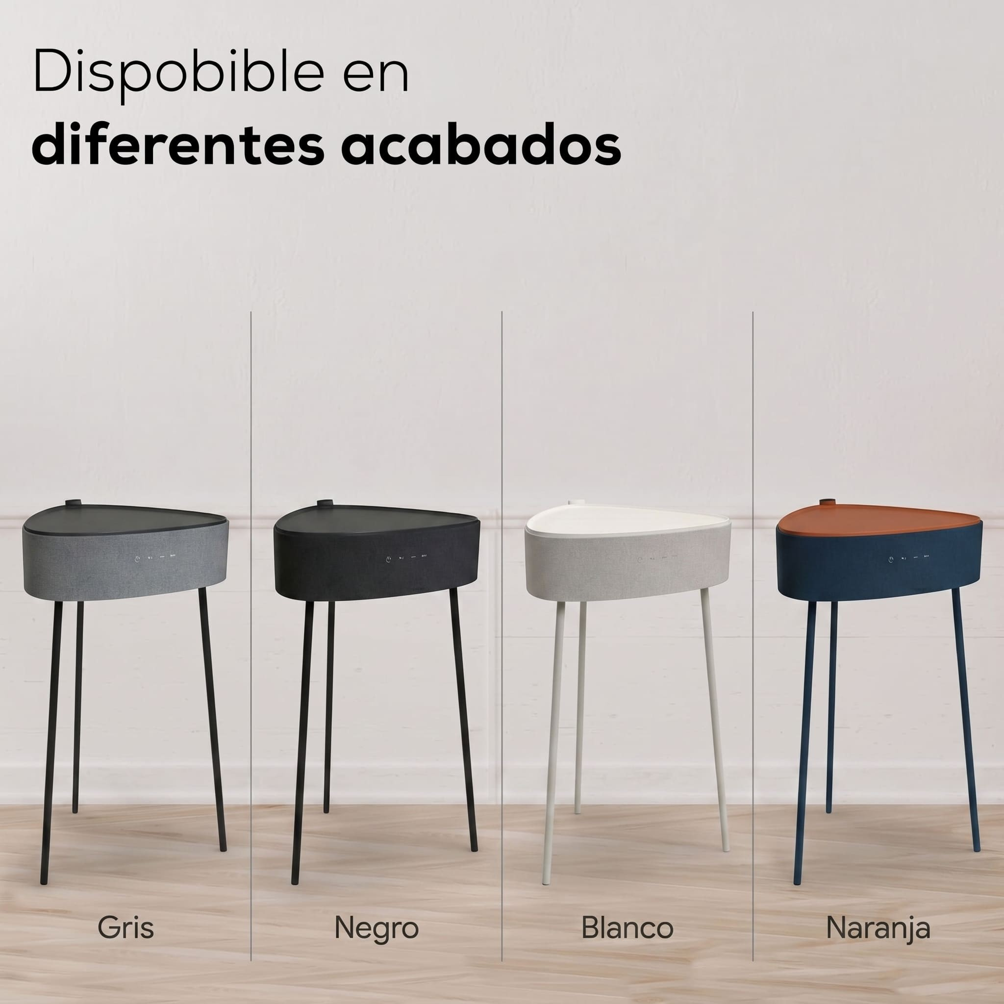 Cuatro mesas auxiliares triangulares en gris, negro, blanco y azul marino con tapa.