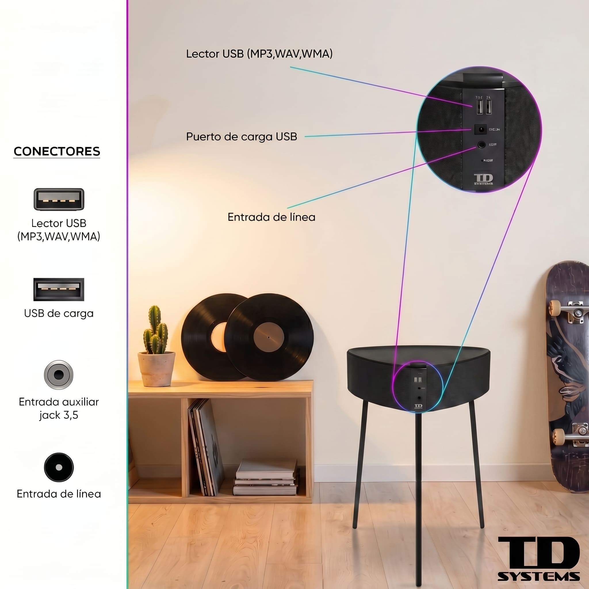 Un altavoz negro sobre un soporte con puertos, junto a discos de vinilo y un monopatín.