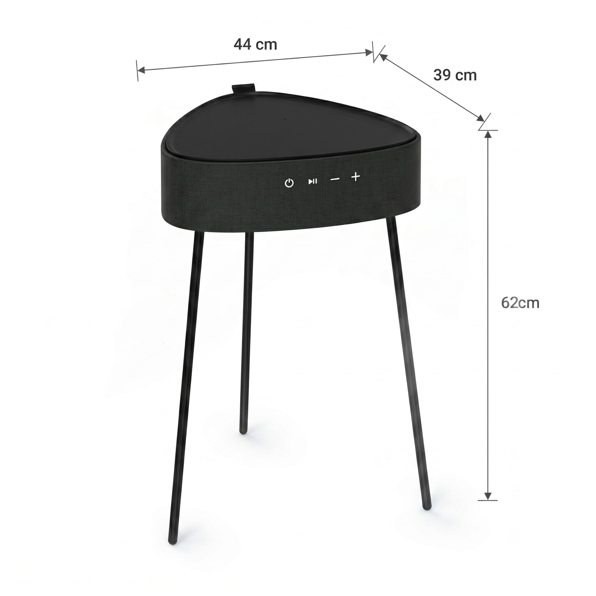Altavoz negro sobre tres patas delgadas con medidas.