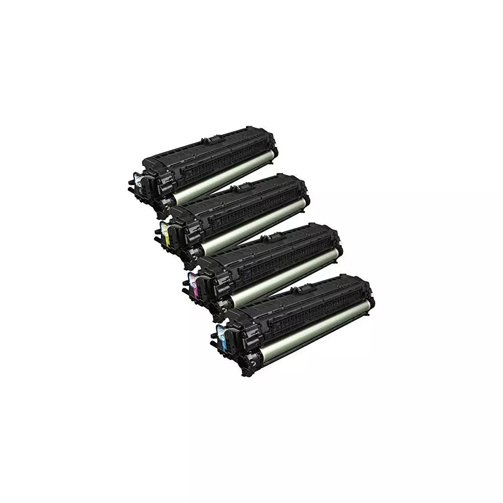 Quatre cartouches de toner noires avec capuchons colorés sont décalées.