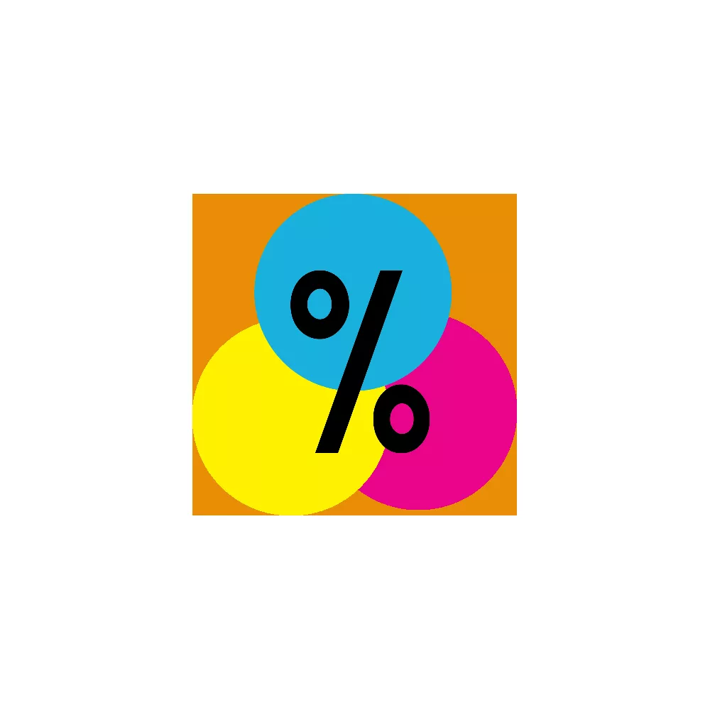 Signe de pourcentage noir sur des cercles se chevauchant jaune, bleu et rose.