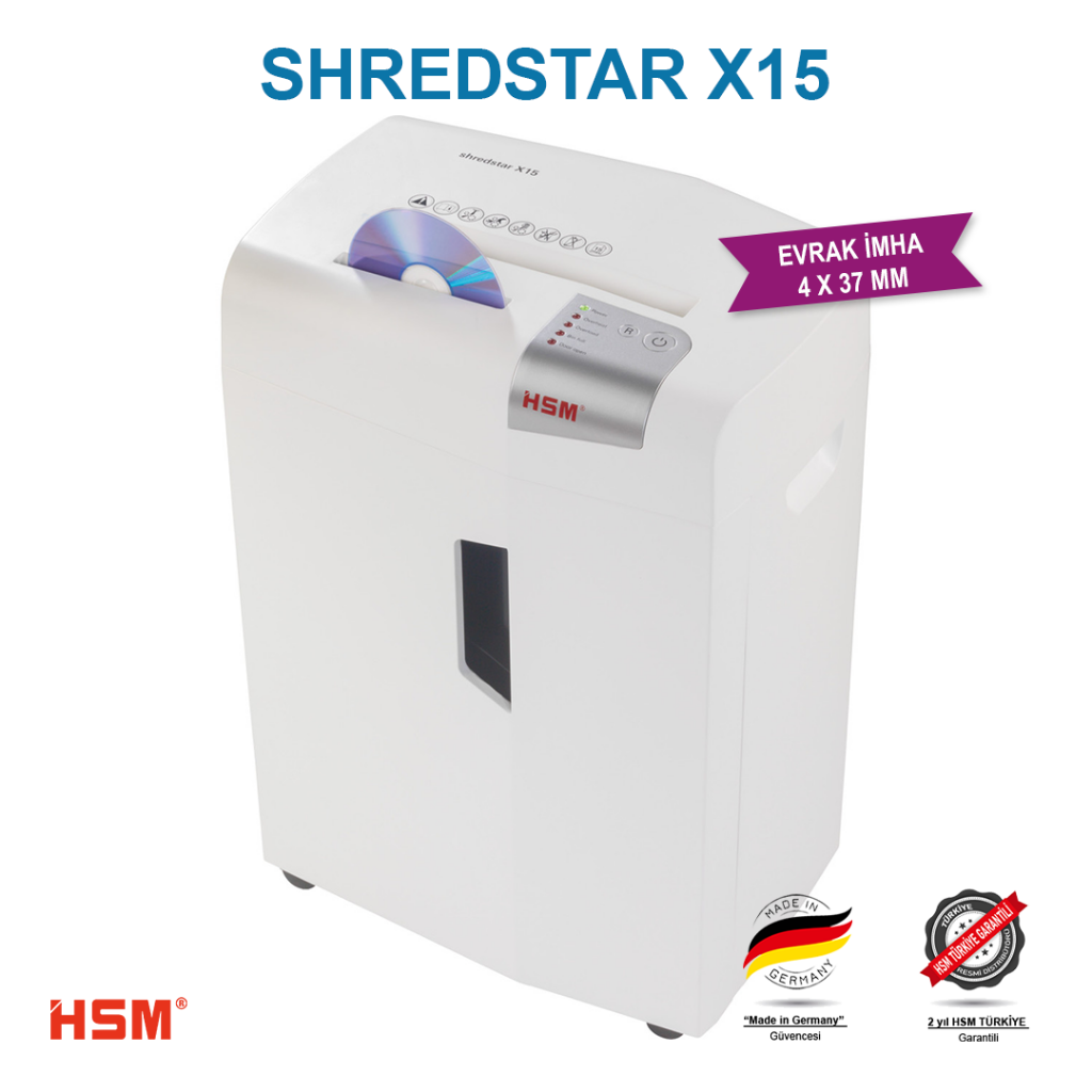 Üst kısmında CD yuvası bulunan beyaz bir HSM Shredstar X15 kağıt öğütücü.