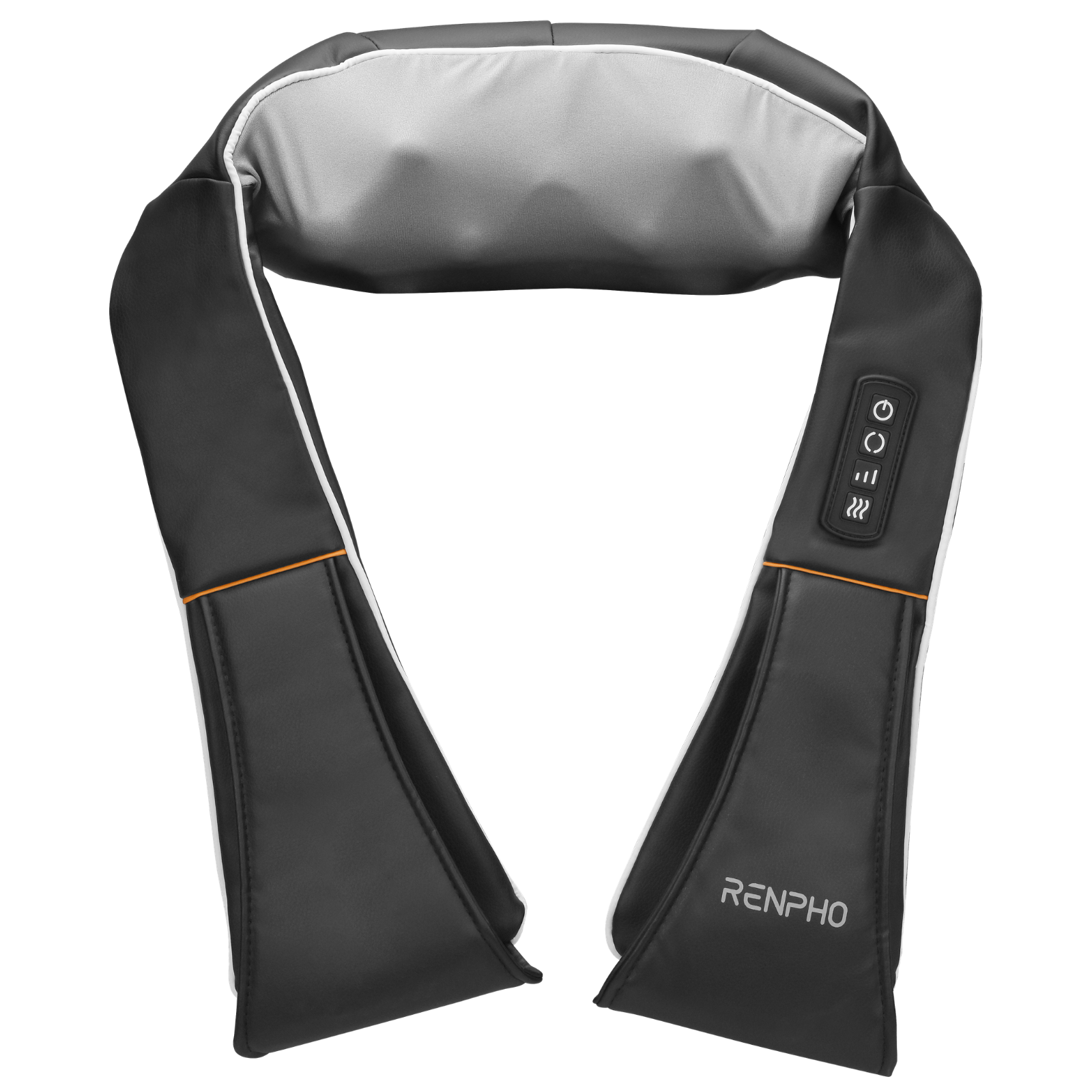 Zwarte nekmassager met witte en oranje accenten en bedieningsknoppen.