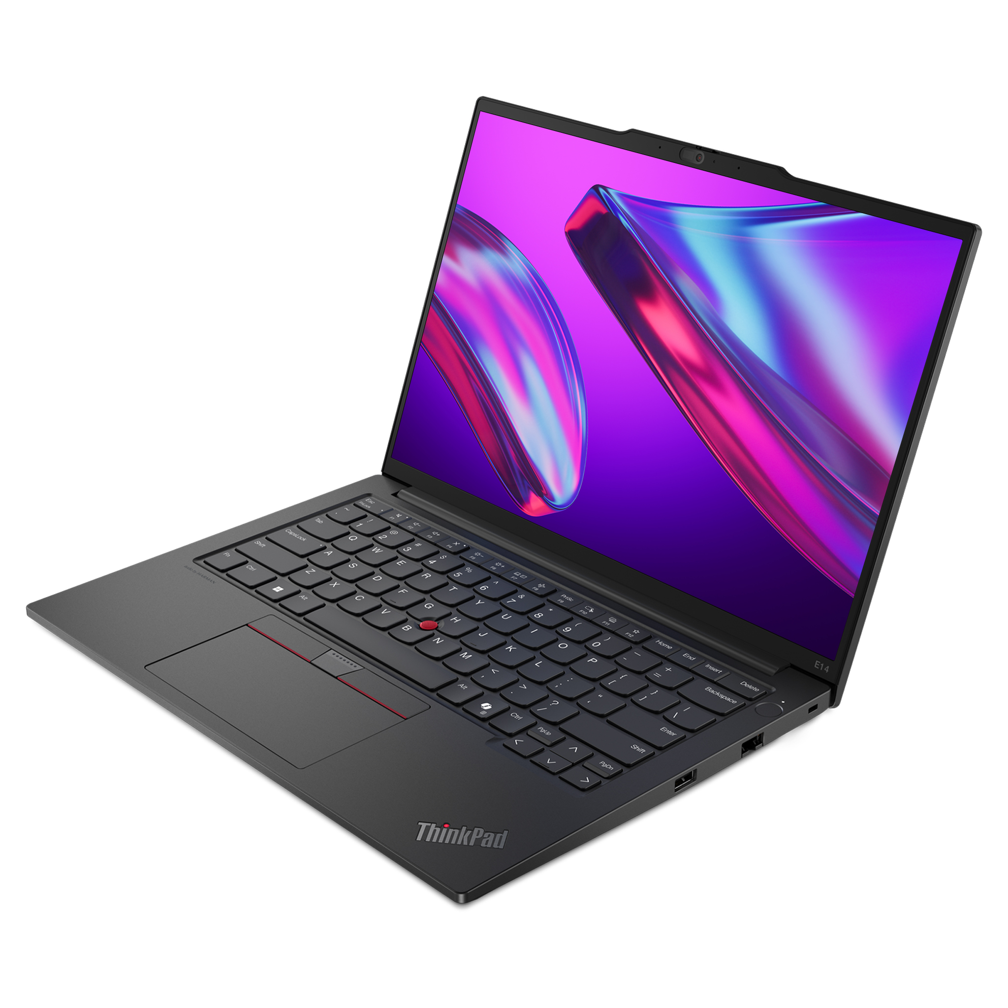ThinkPad logolu kapalı siyah dizüstü bilgisayar, ekranda mor arka plan.