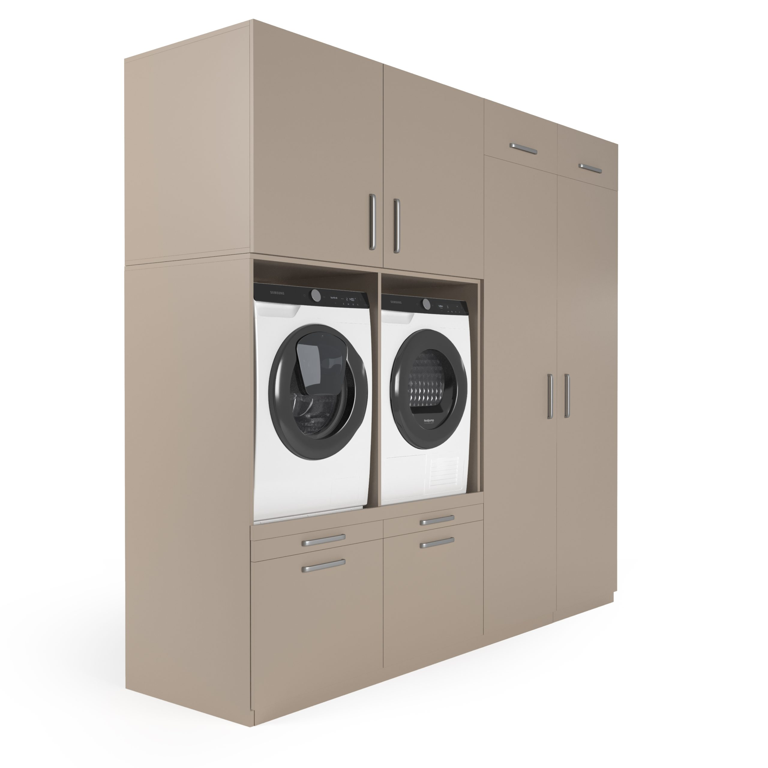 Ein beigefarbener Schrank mit Waschmaschine und Trockner.