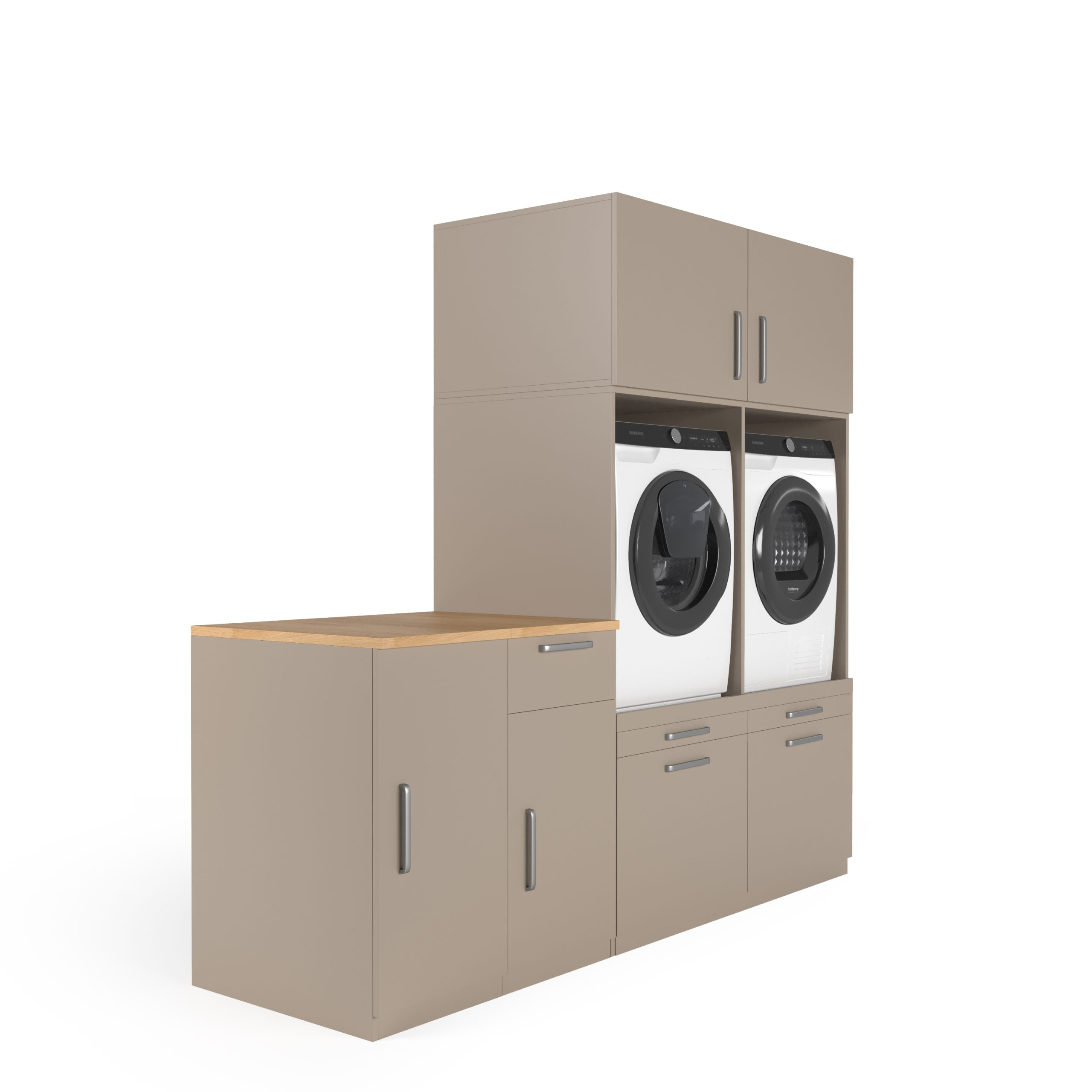 Ein beige Küchenschrank mit Holzplatte und zwei Waschmaschinen.