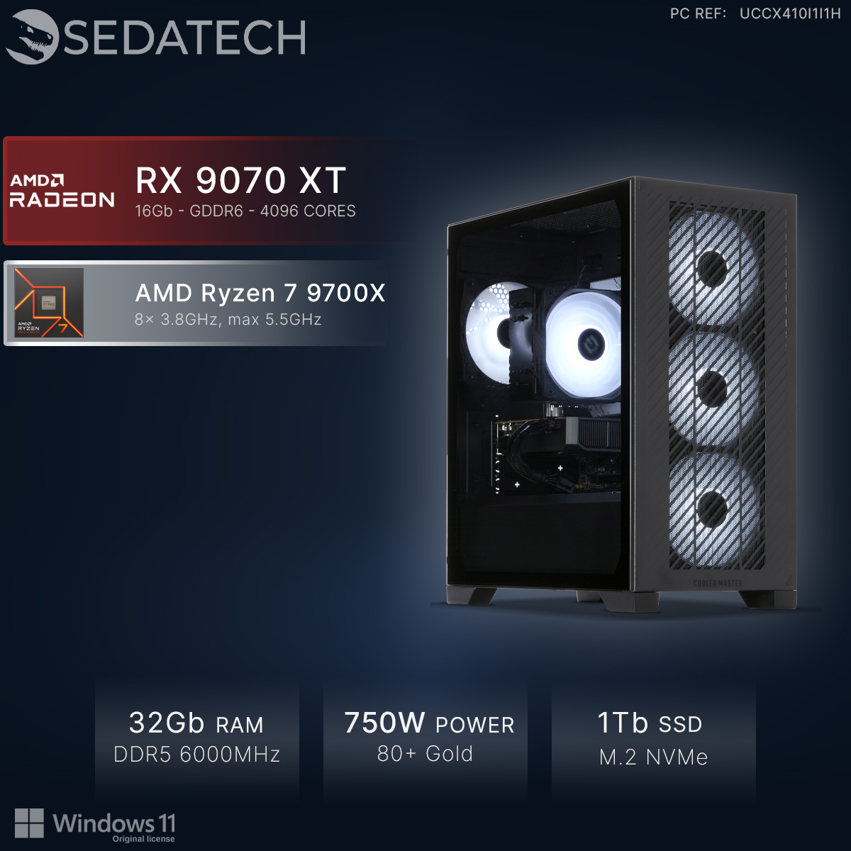 Un boîtier PC avec AMD RX 9070 XT, Ryzen 7 9700X, 32Go RAM.