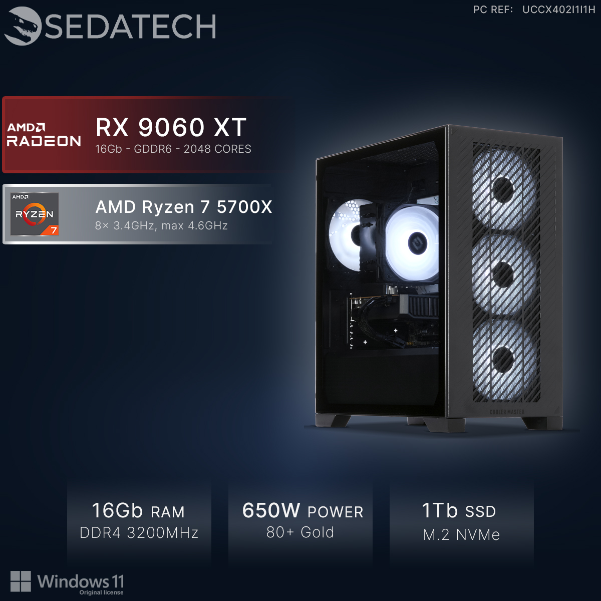 PC Gaming avec AMD Radeon RX 9060 XT, Ryzen 7 5700X, 16Go RAM, alimentation 650W.
