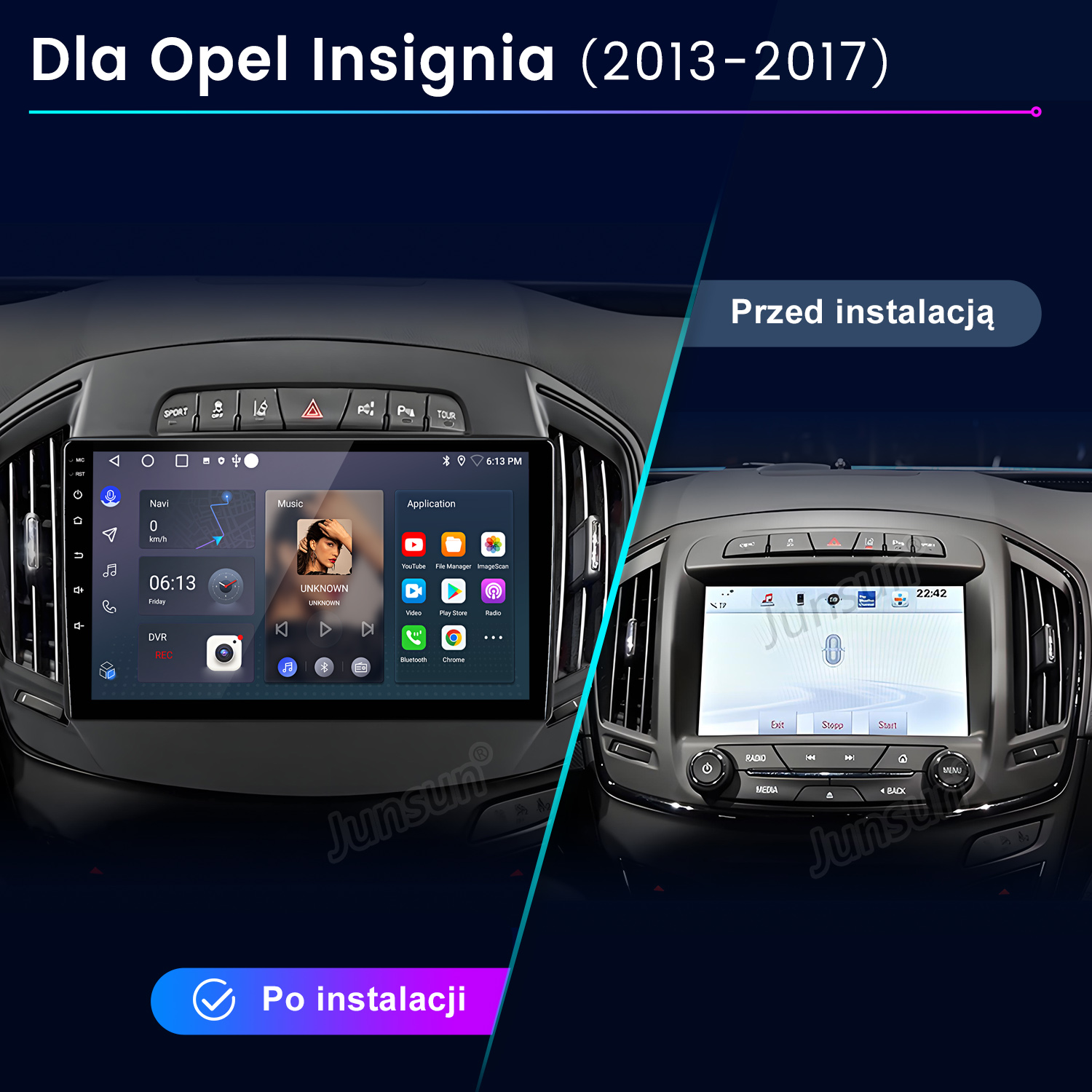 Porównanie systemu multimedialnego Opel Insignia przed i po instalacji.