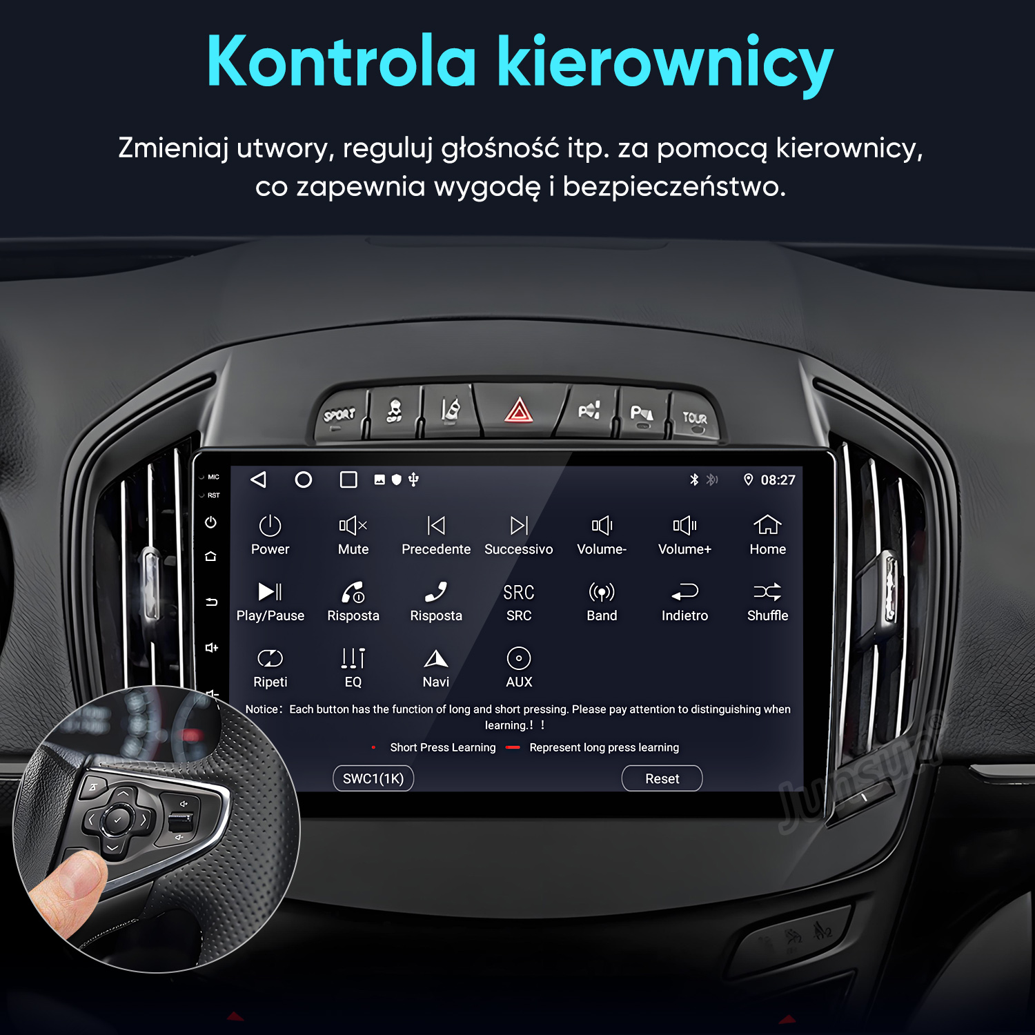 System multimedialny samochodu z przyciskami na kierownicy i menu.