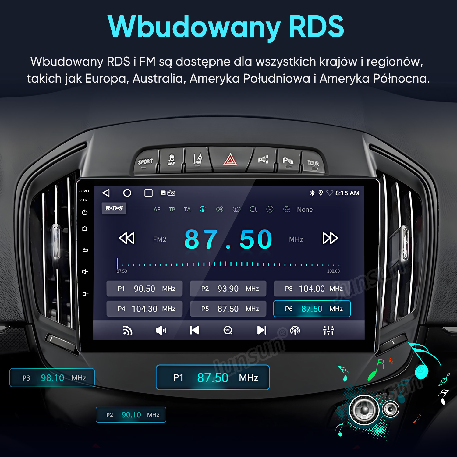 Wnętrze samochodu z wyświetlaczem radia RDS, pokazującym FM2 87,50 MHz i stacje zaprogramowane.