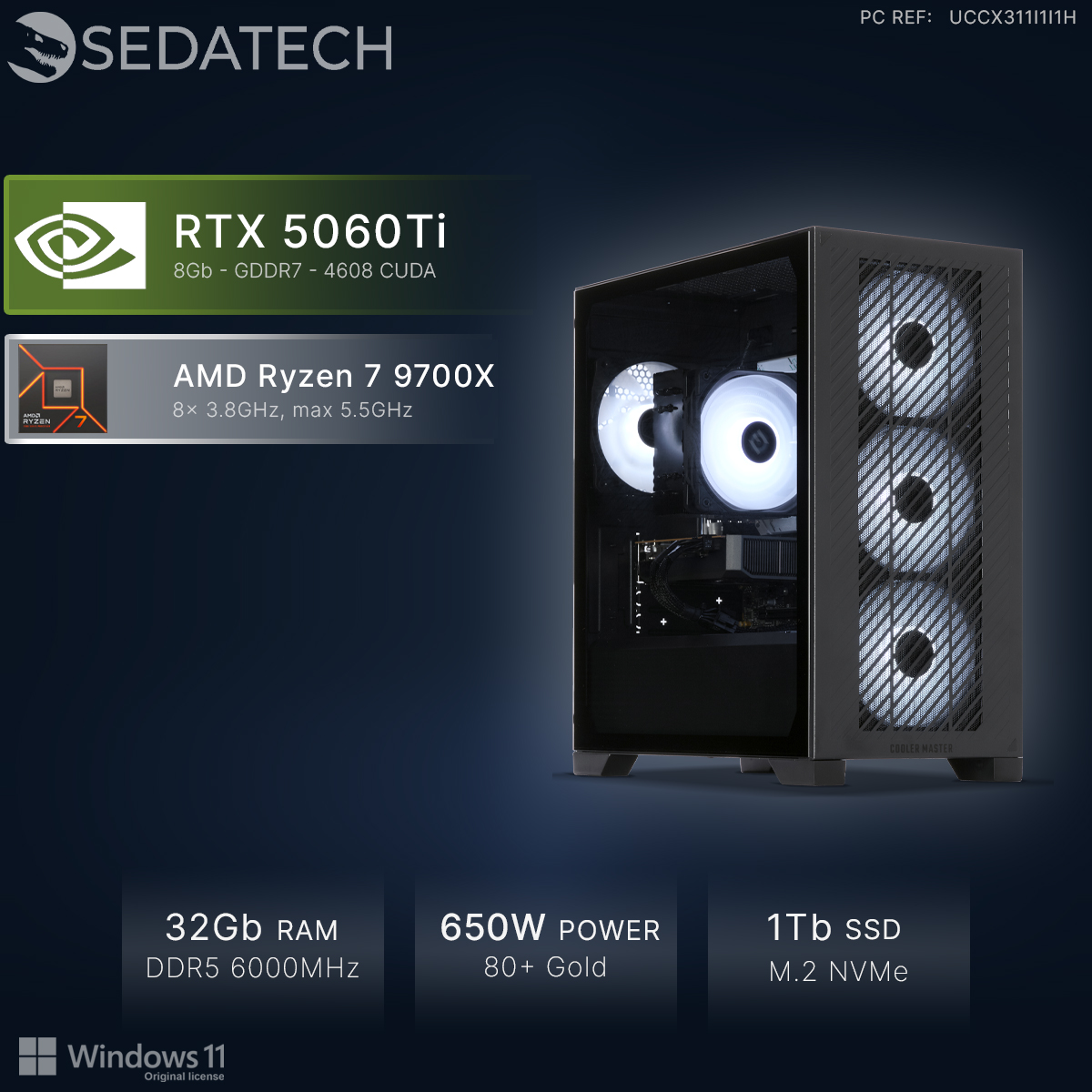 PC avec RTX 5060Ti, AMD Ryzen 7 9700X, 32Go RAM, 650W PSU, SSD 1To, Win 11.