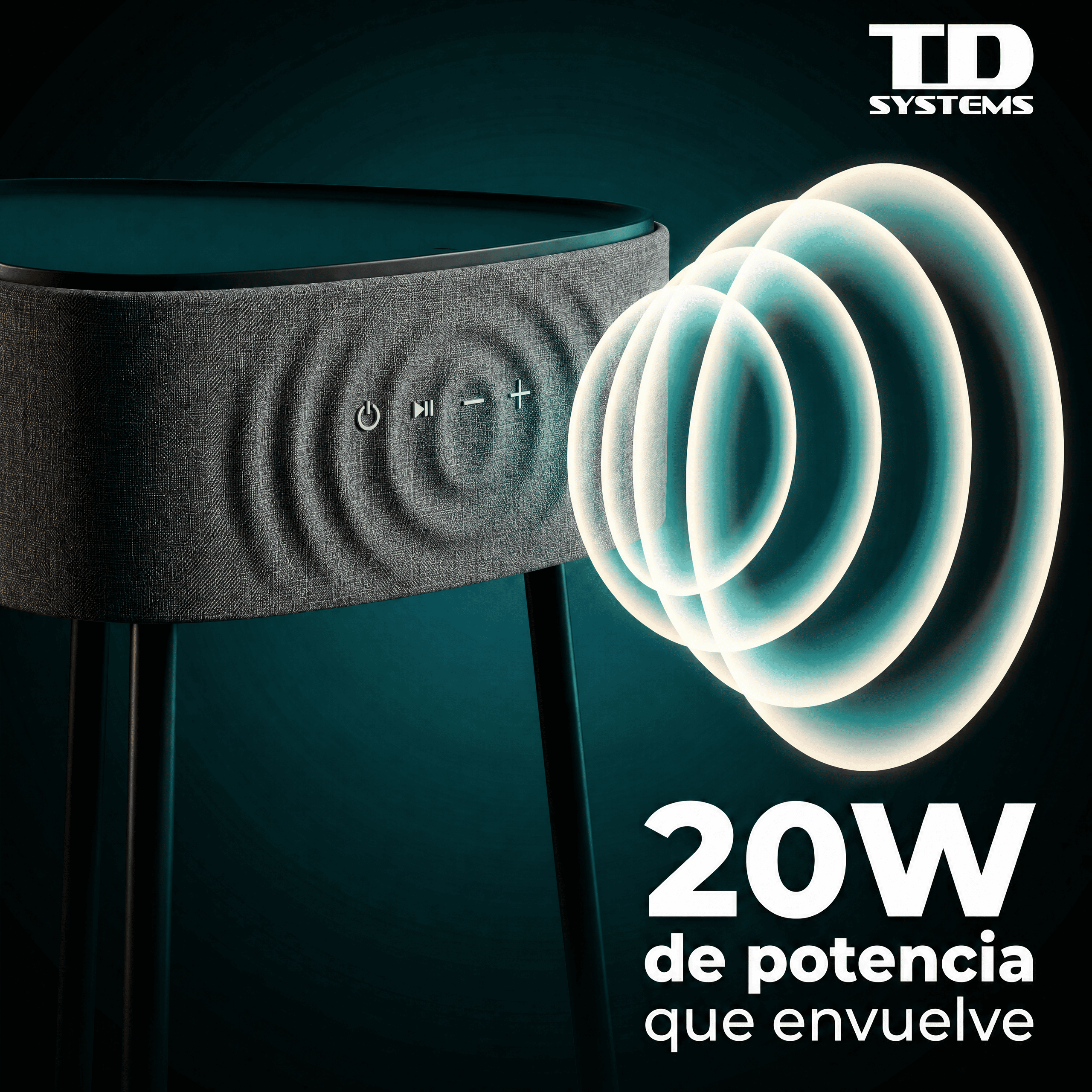 Un altavoz gris con botones de control y ondas de luz.