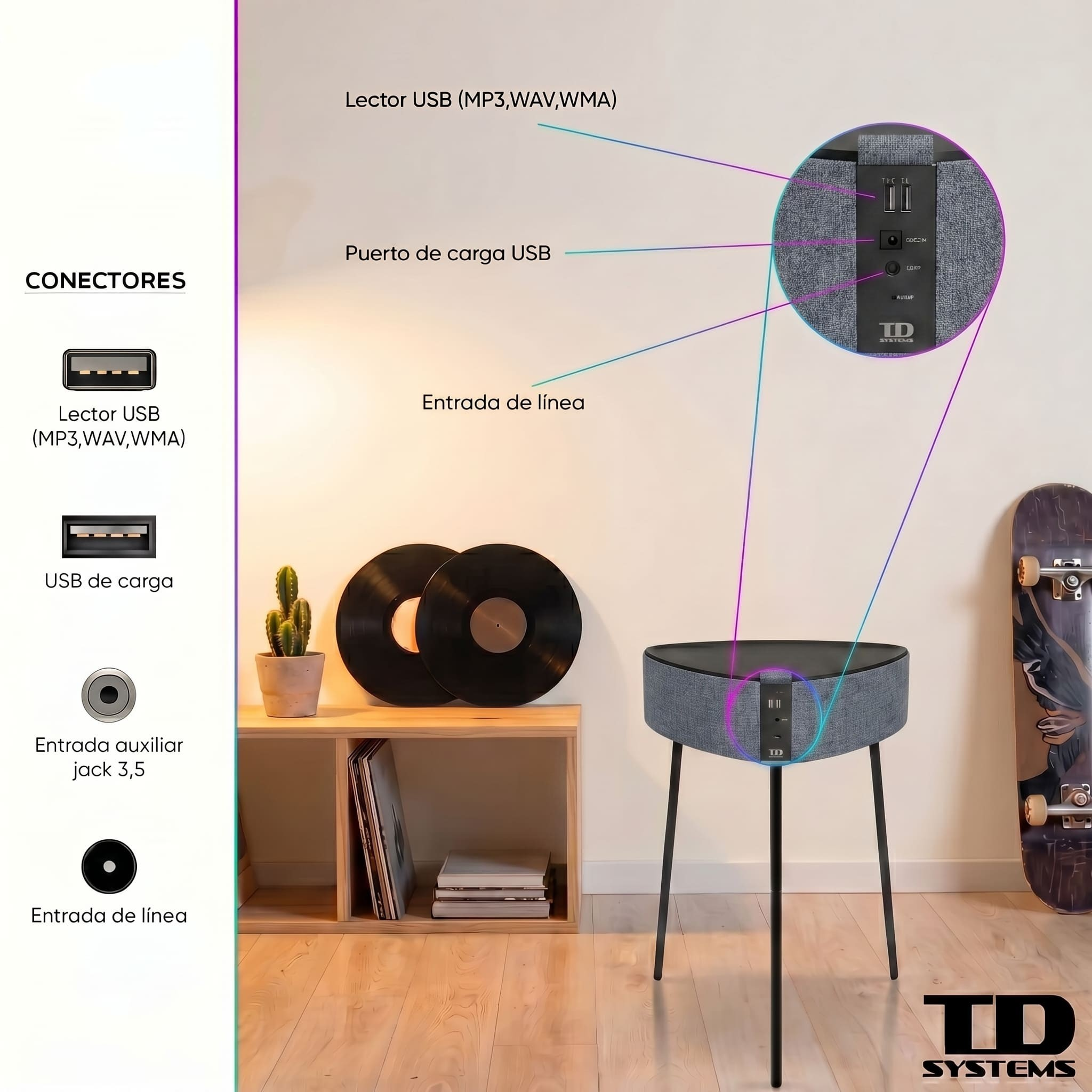 Altavoz gris con puertos: USB, carga, línea. Estante con discos, cactus, patineta cerca.