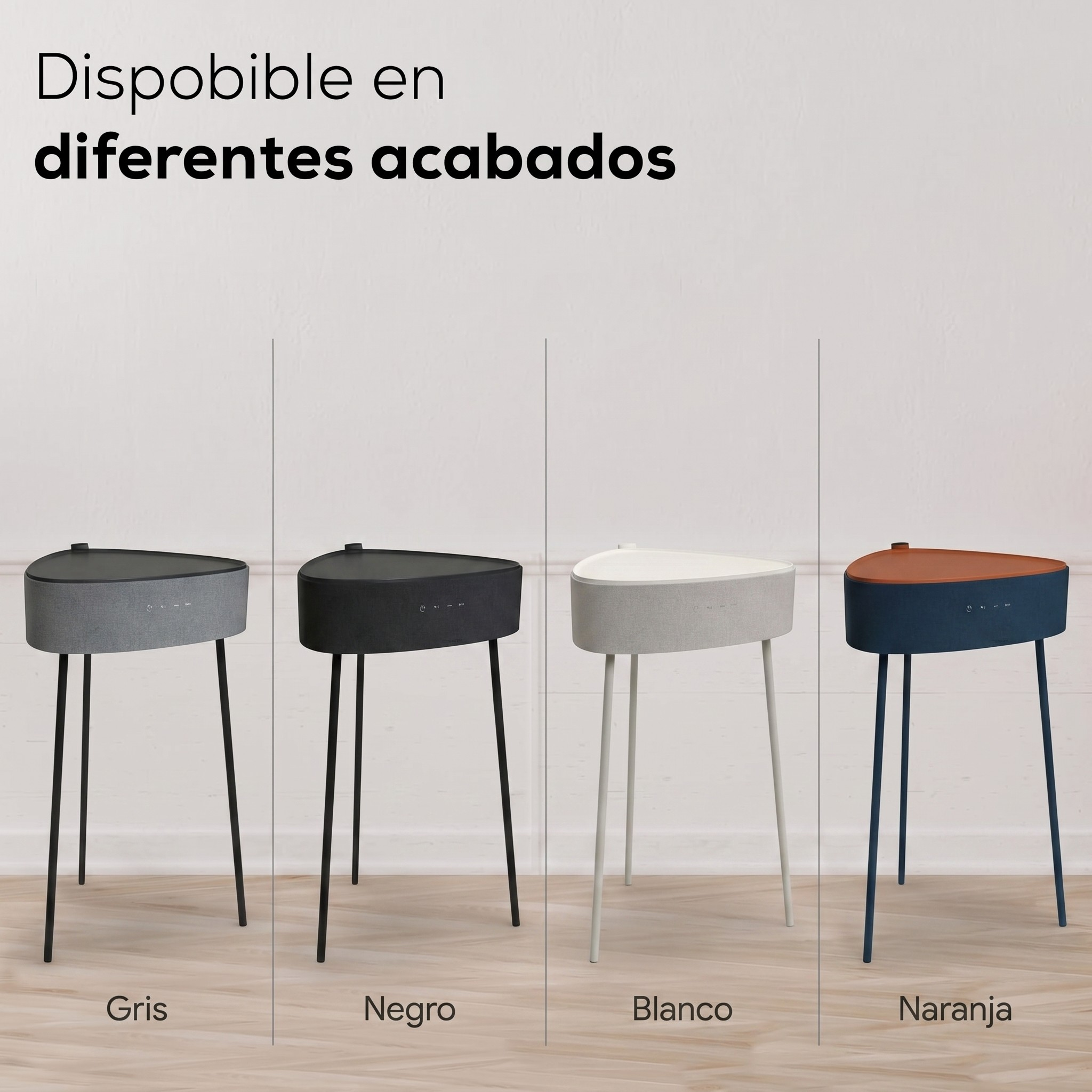 Cuatro mesas triangulares en gris, negro, blanco y azul marino con tapas marrones.