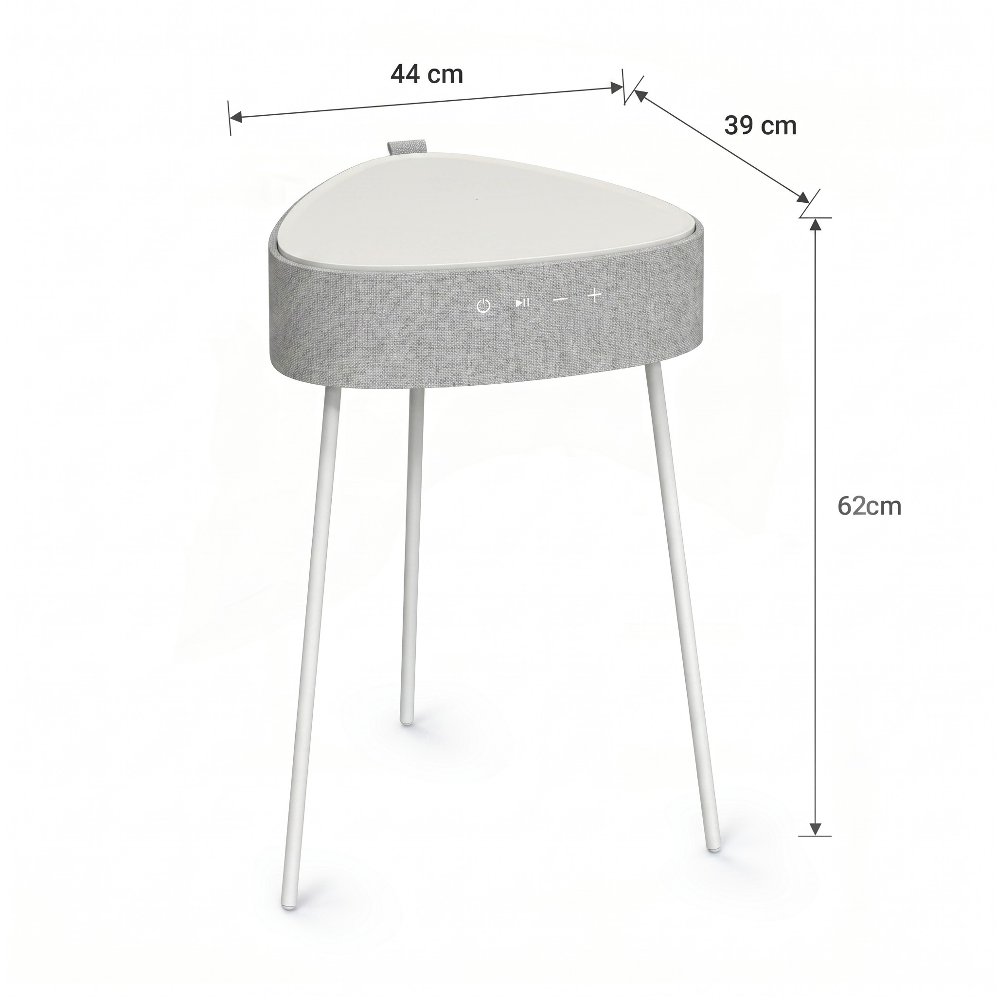Altavoz de tela gris con tapa blanca y tres patas blancas. Dimensiones: 44x39x62cm.