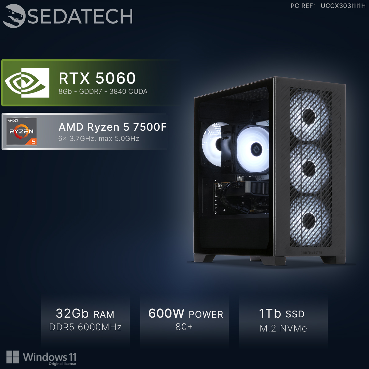 PC Sedatech avec RTX 5060, Ryzen 5 7500F, 32Go RAM, 1To SSD, Win 11.