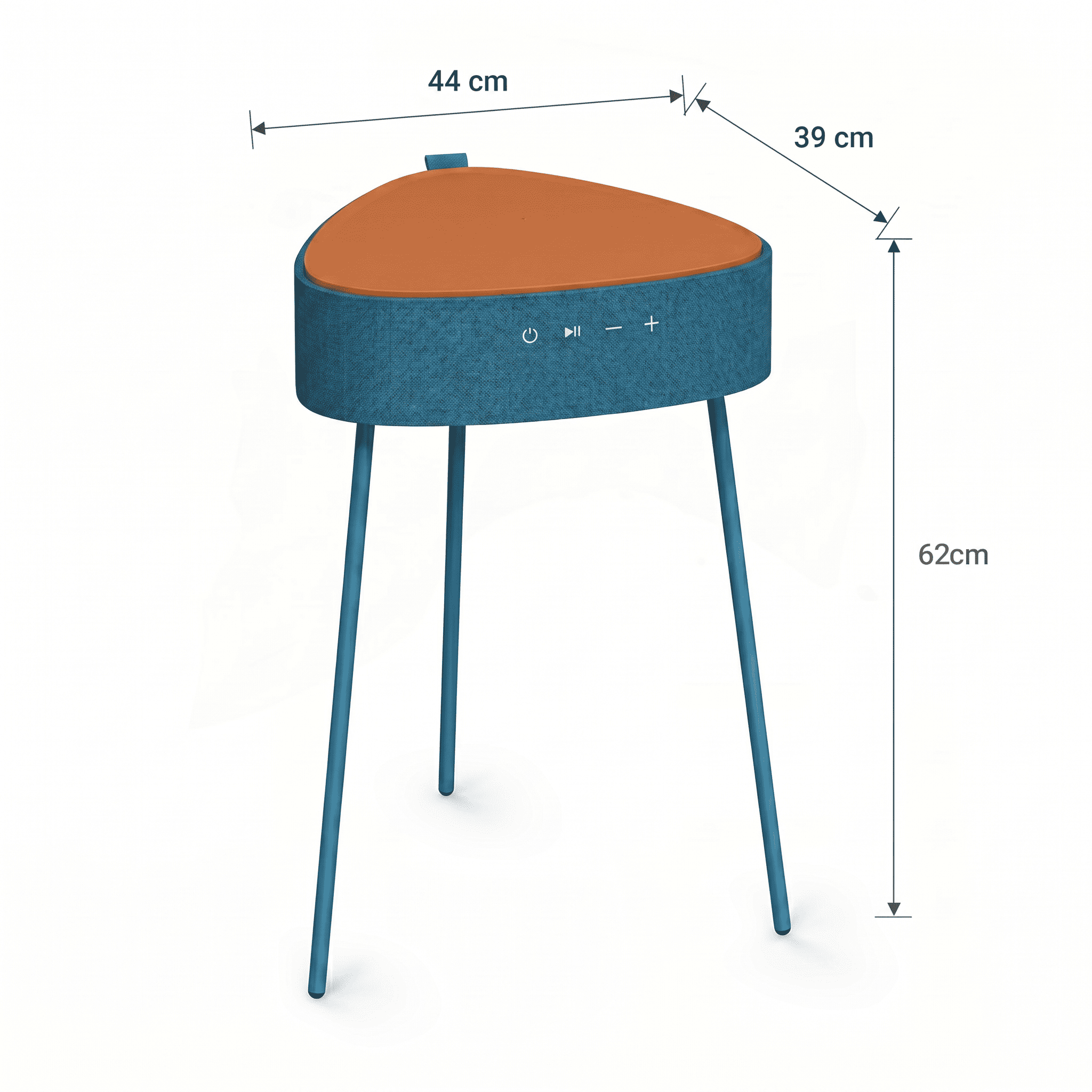 Una mesa de tres patas con tapa naranja y cuerpo de tela azul.