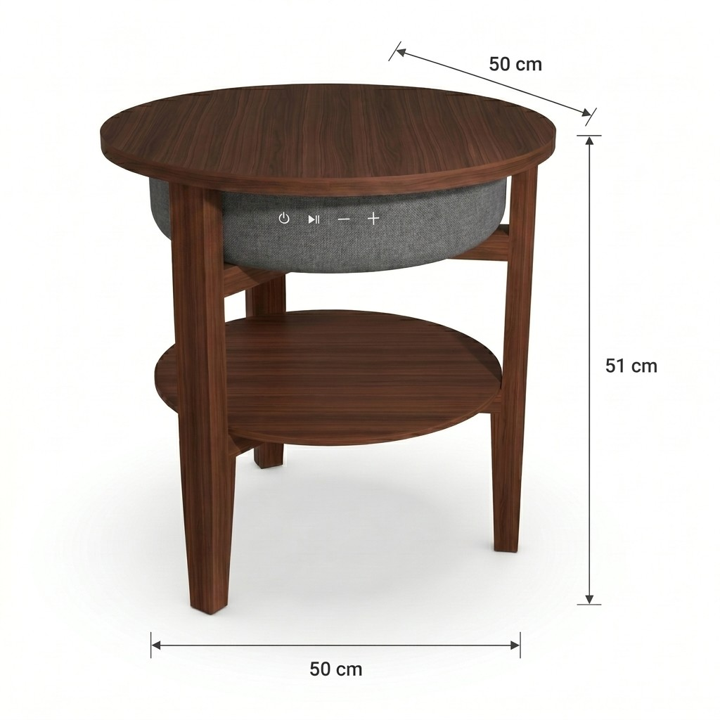 Mesa auxiliar redonda de madera con dos niveles y altavoz gris.