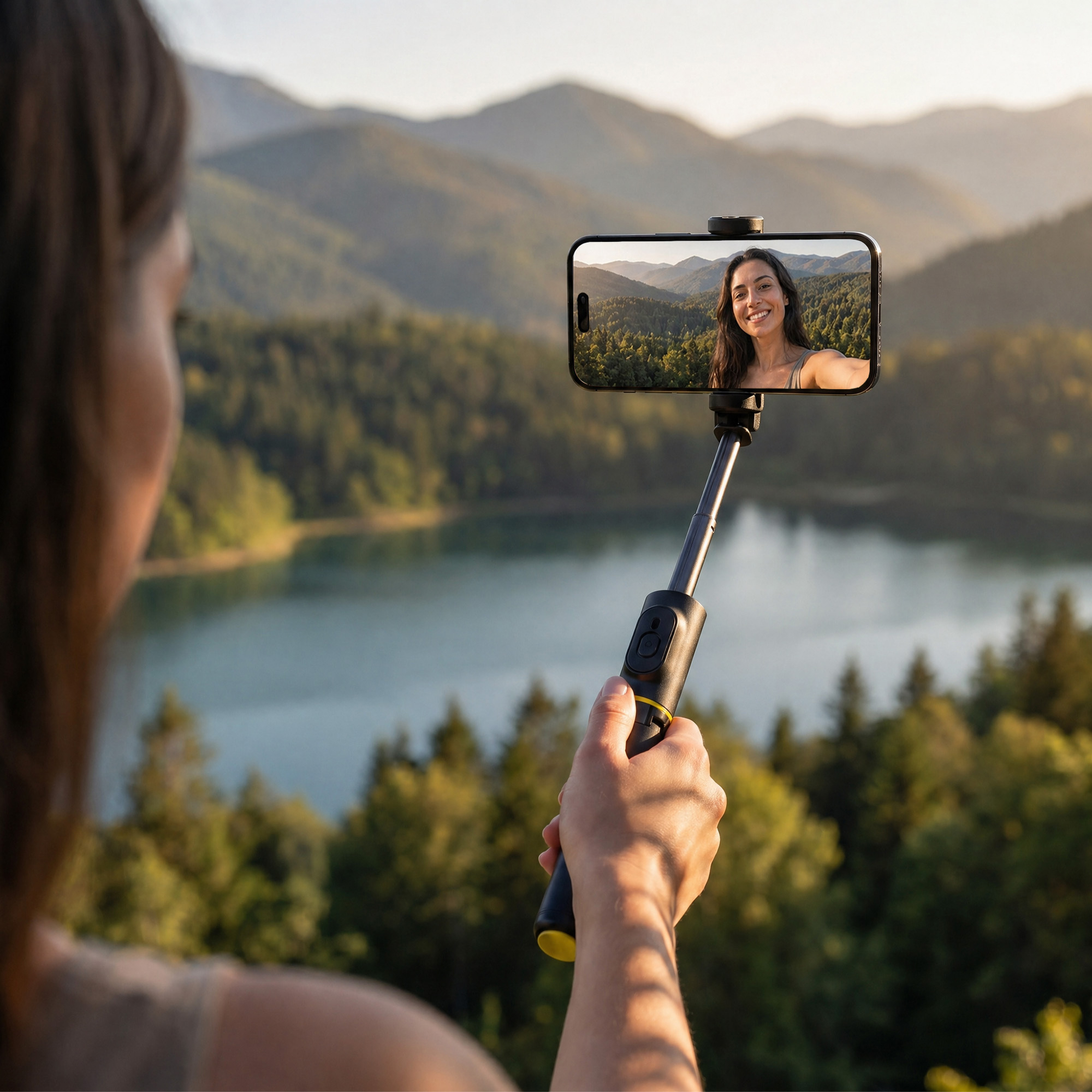 Kobieta robi selfie z jeziorem i górami. Osoba trzyma telefon na kijku.