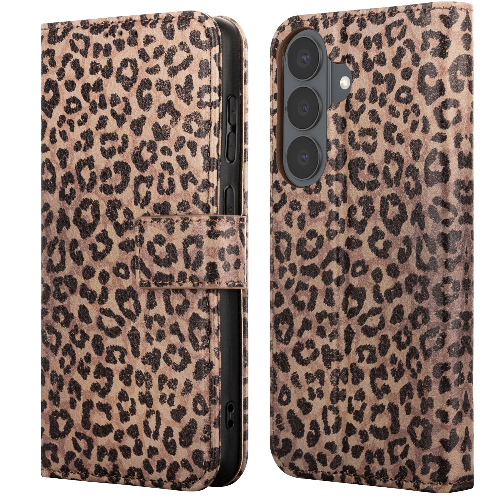 Een telefoonhoesje met luipaardprint, open en gesloten getoond.