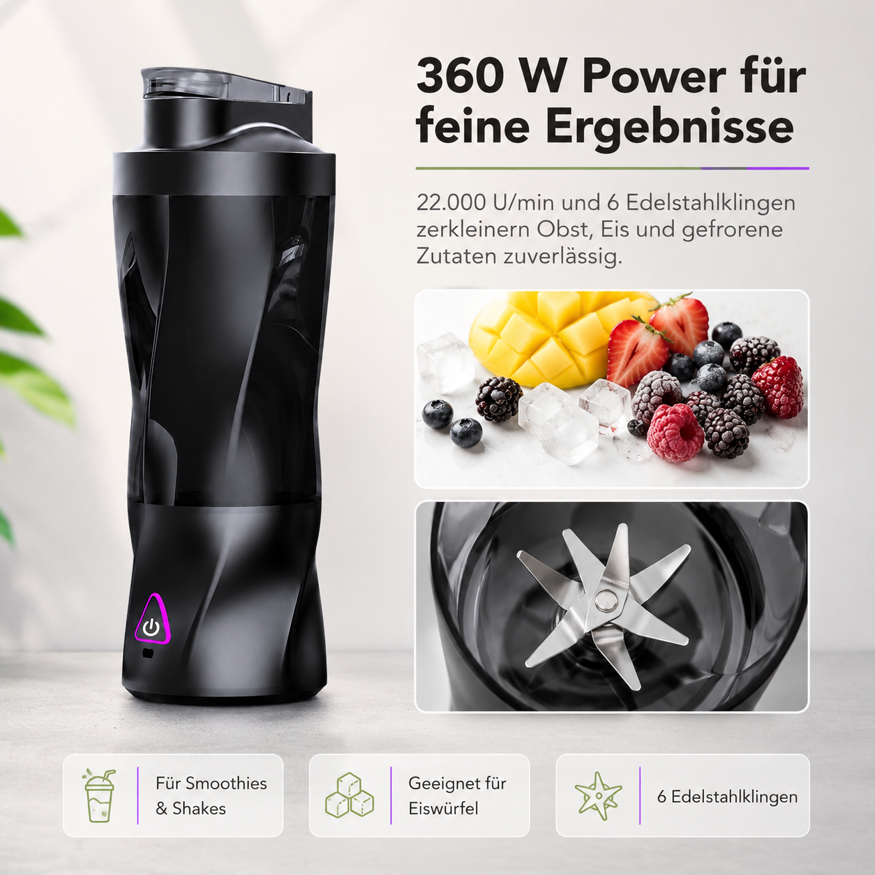 Schwarzer Mixer mit Früchten, Eis und Klingen. 360W Leistung.