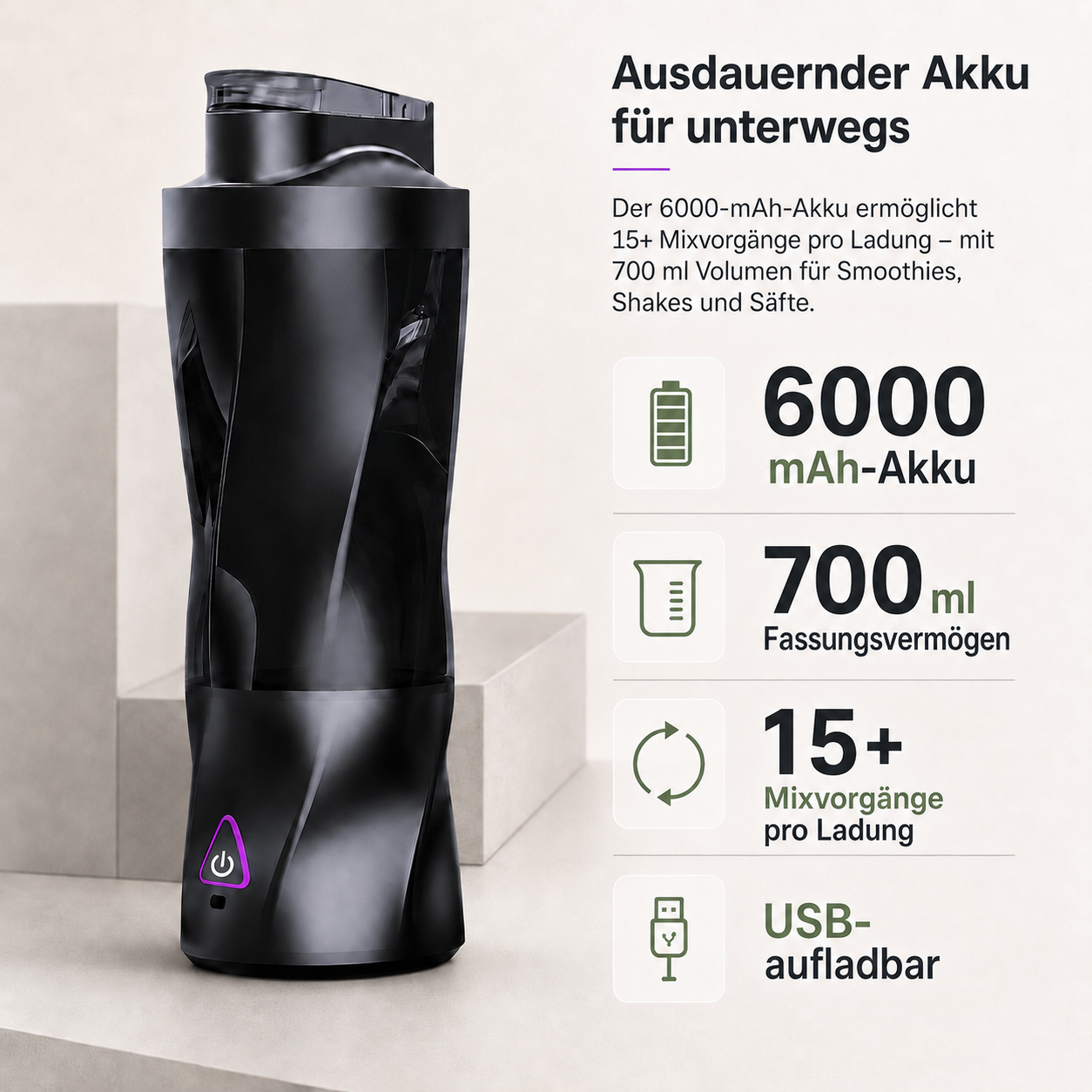 Schwarzer Mixer mit 6000 mAh Akku, 700 ml Volumen, für über 15 Mixvorgänge.