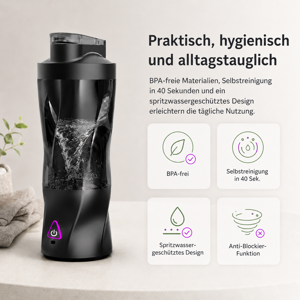 Schwarzer Mixer mit Wirbel und Icons: BPA-frei, Selbstreinigung, spritzwassergeschützt.