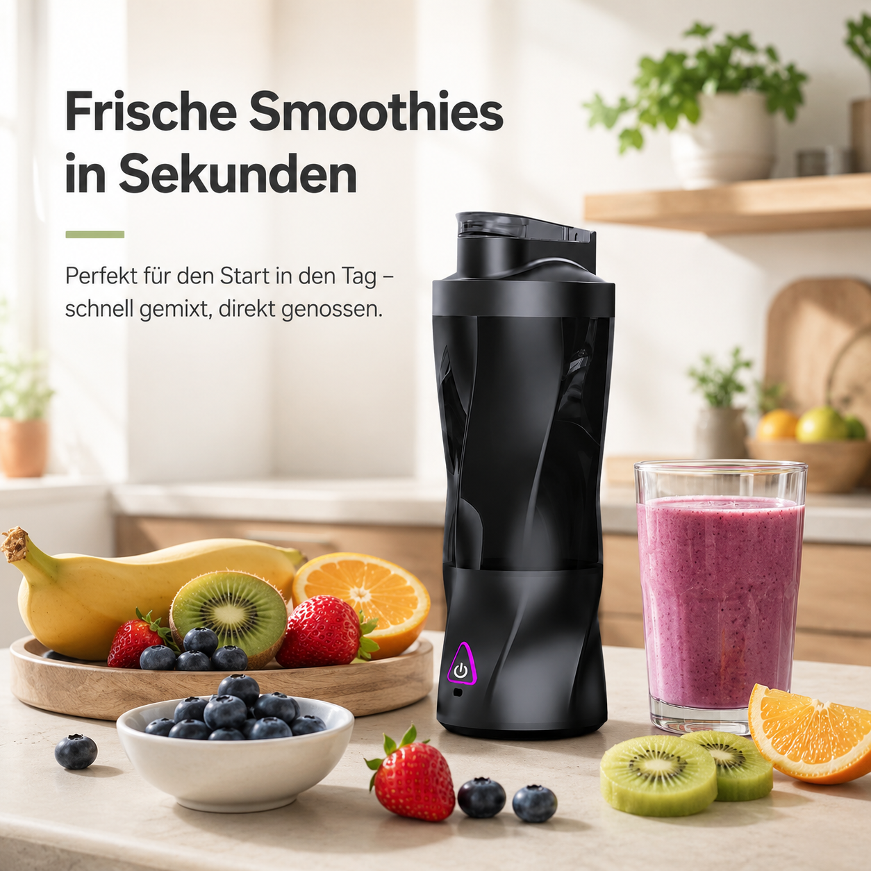 Schwarzer Mixer mit Früchten und Smoothie auf einem Küchentresen.
