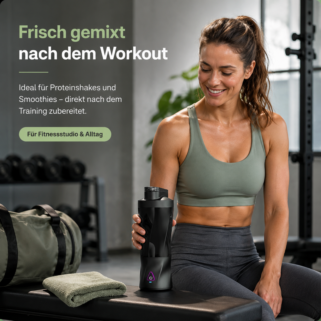 Frau mit Protein-Shaker im Fitnessstudio nach dem Training.