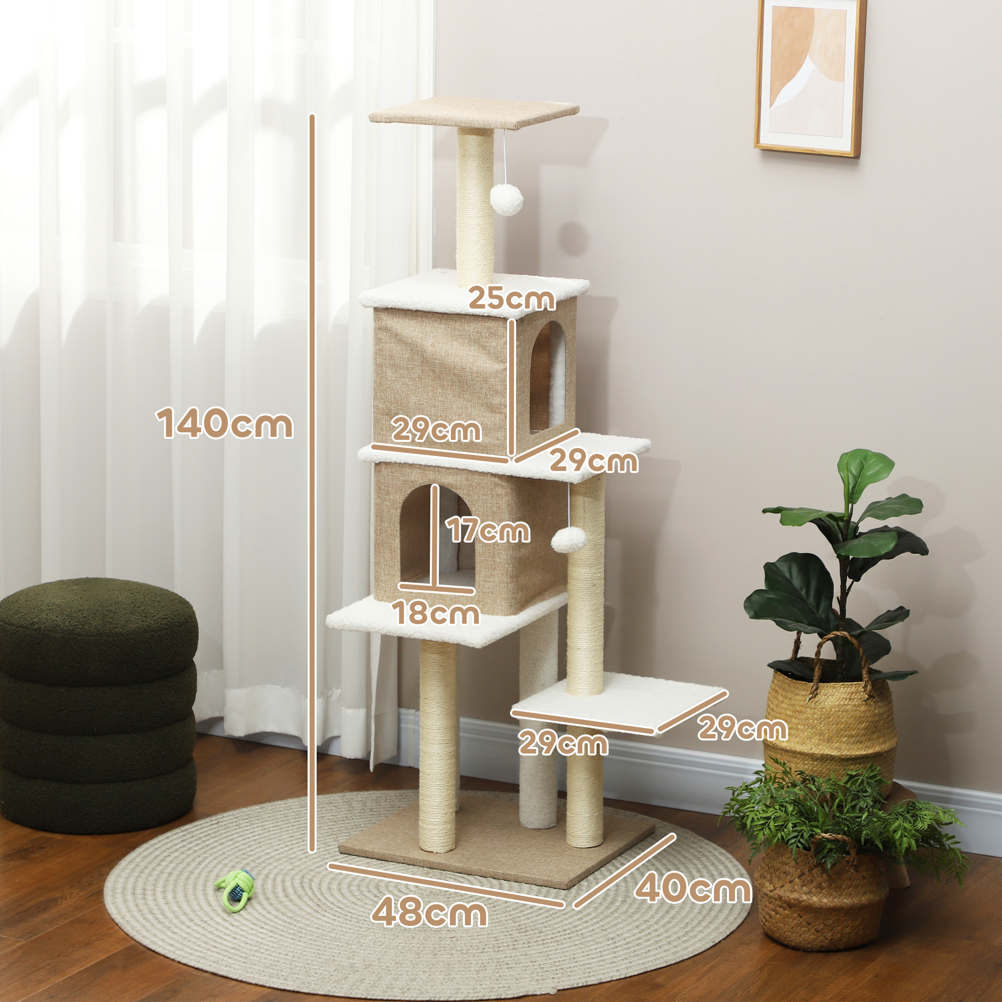 Un árbol rascador multinivel con recortes, juguete y dimensiones.