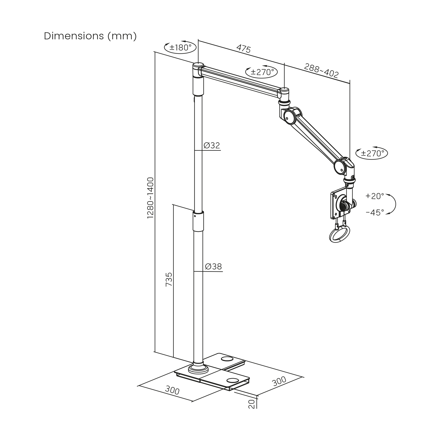 Dibujo técnico de un brazo ajustable con dimensiones y ángulos mostrados.