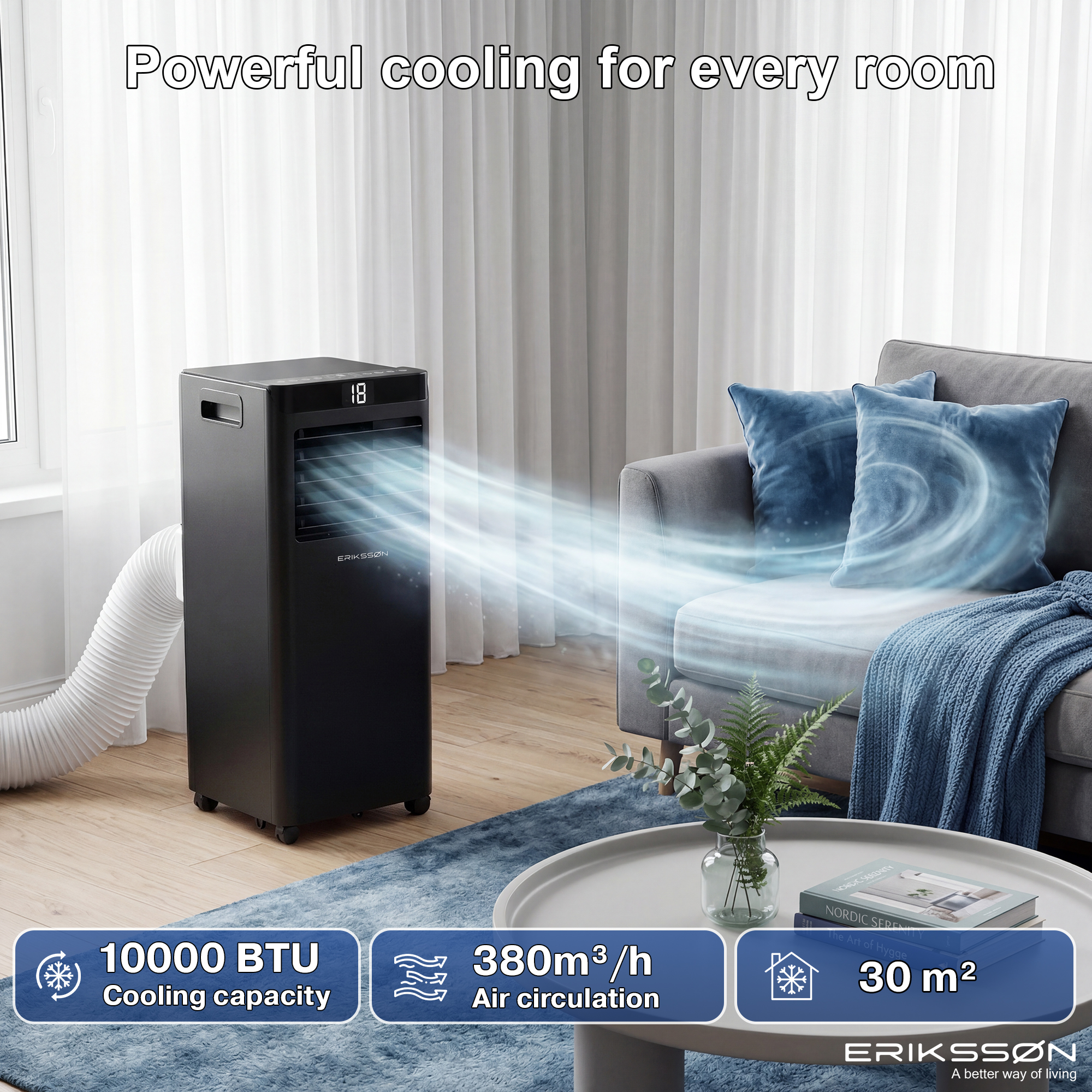Unidad de aire acondicionado portátil negra enfría una sala. 10.000 BTU.