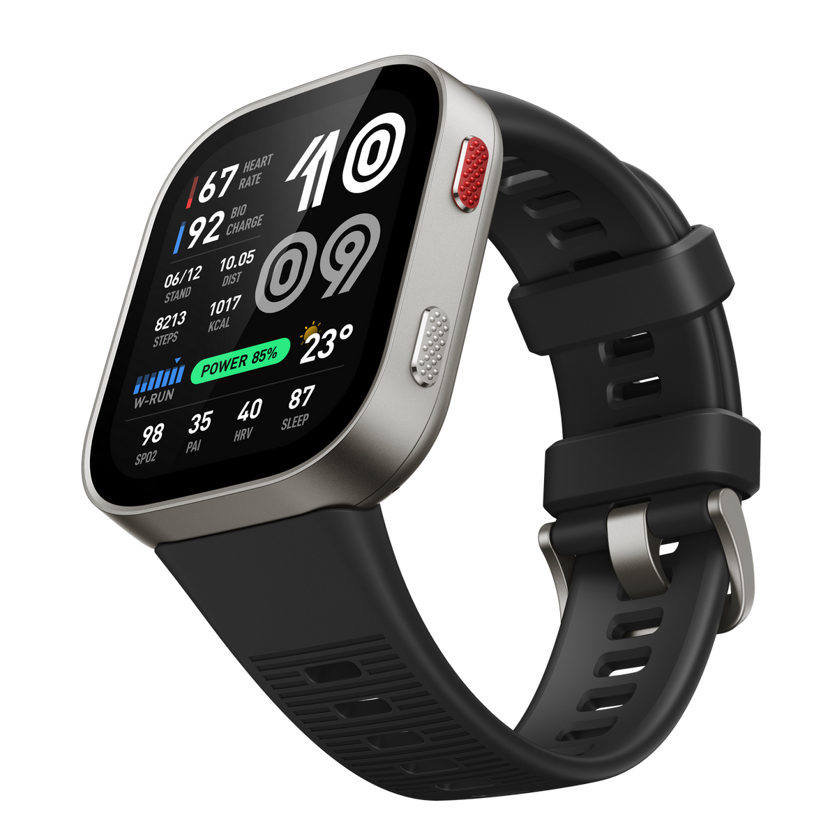 Reloj inteligente plateado con banda negra muestra hora, ritmo cardíaco, pasos y clima.