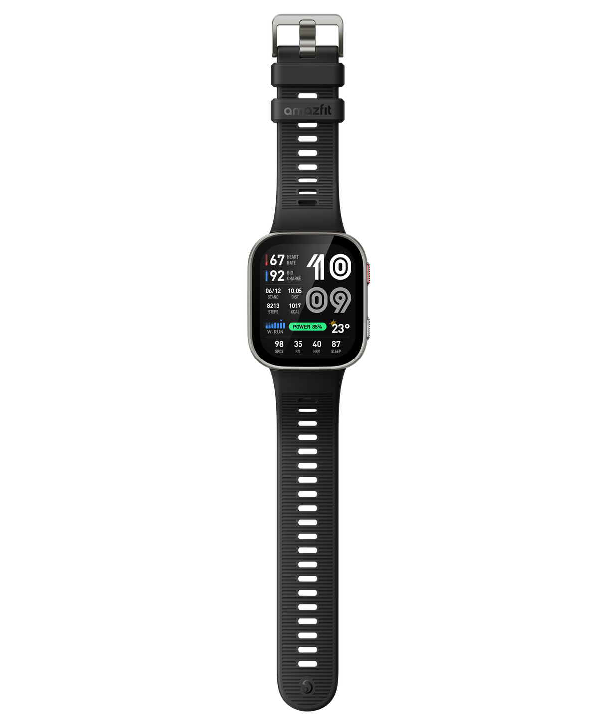 Un reloj inteligente negro con caja y correa plateadas, mostrando datos.