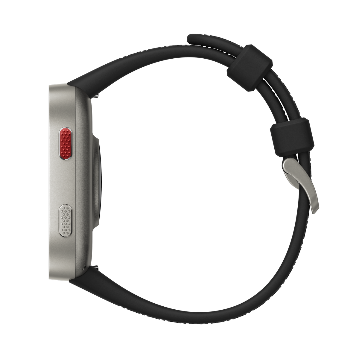 Reloj inteligente gris con correa negra y botón rojo.