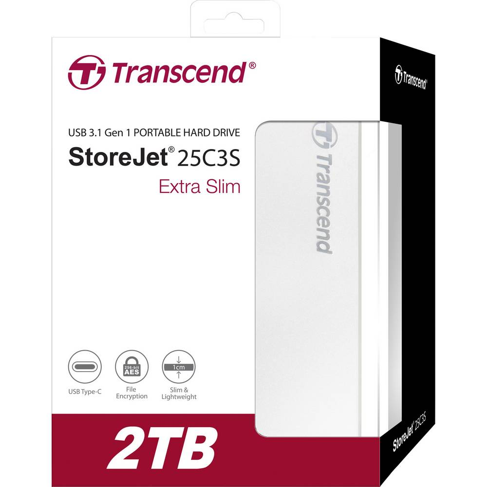 Confezione hard disk portatile Transcend StoreJet 25C3S 2TB con USB Type-C, AES, design sottile.