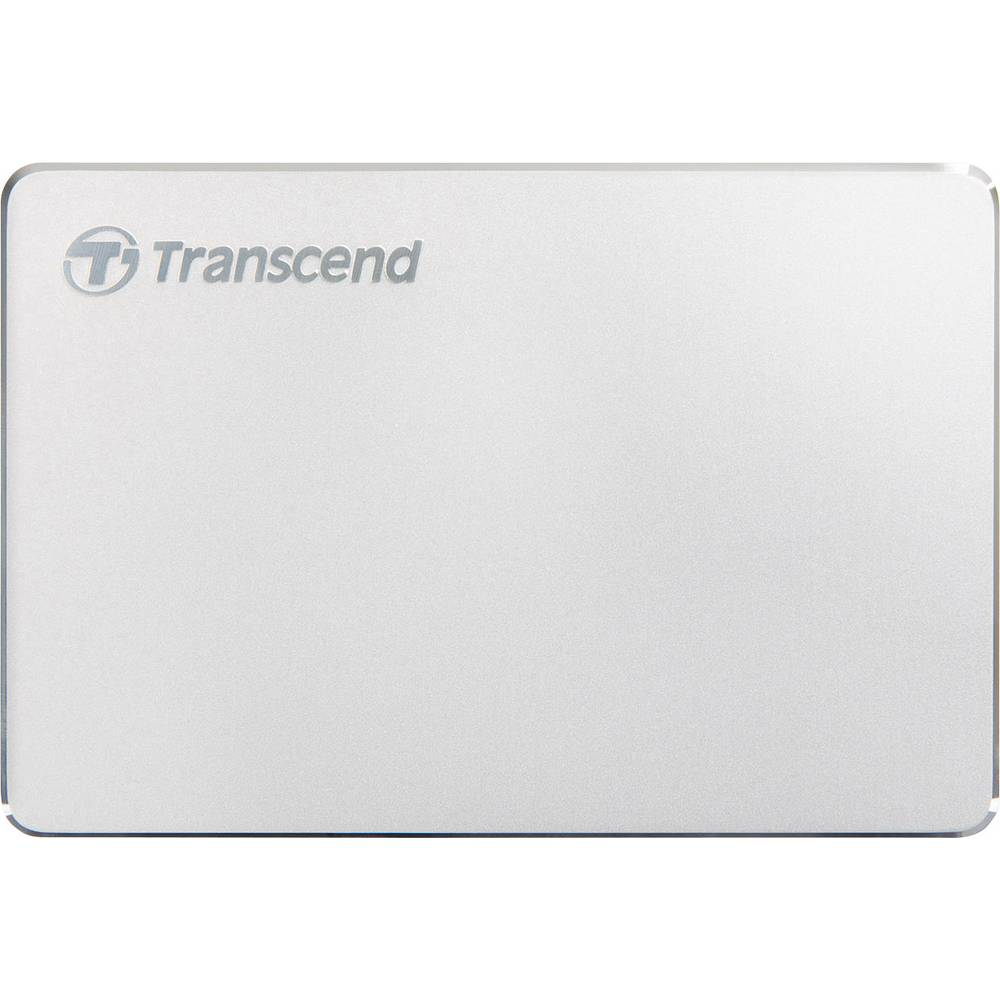 Custodia esterna per disco rigido Transcend argentata con logo.