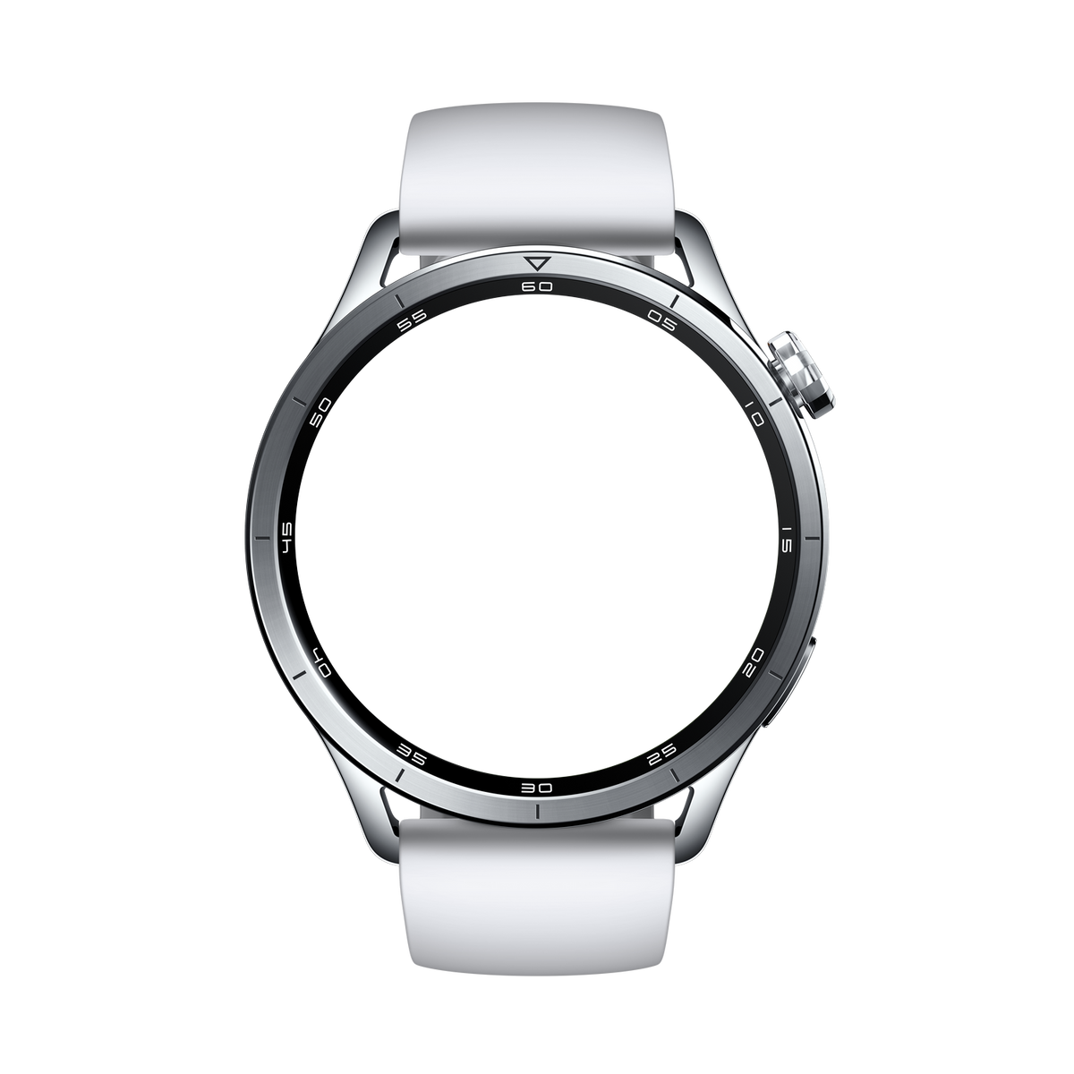 Eine schlichte weiße Smartwatch mit silbernem Gehäuse und Zifferblatt.
