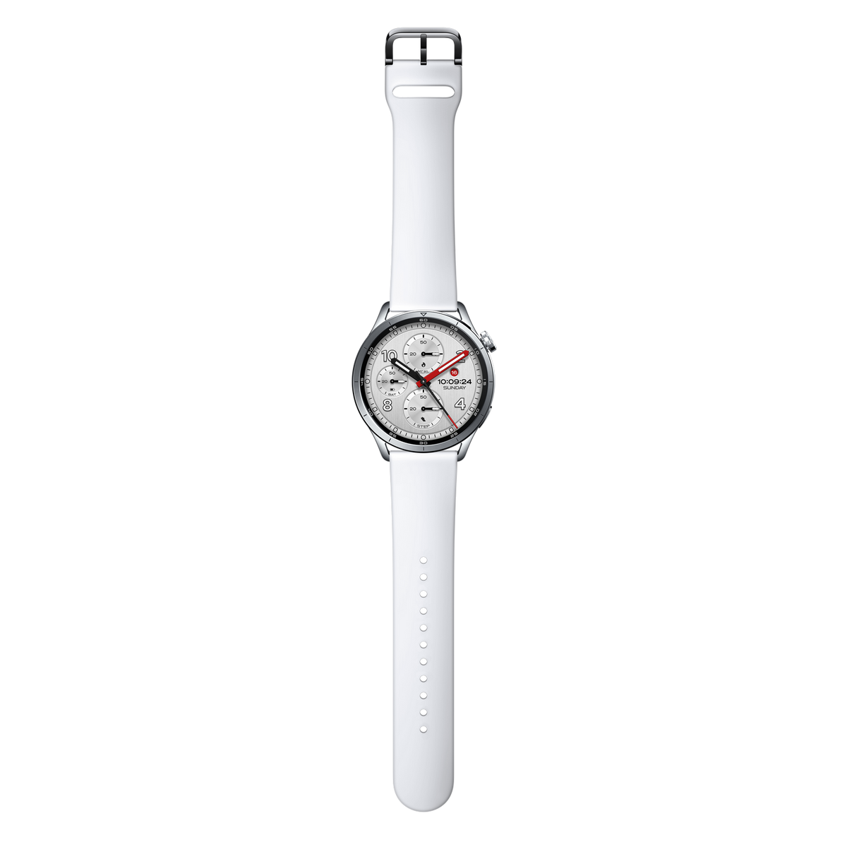 Eine weiße Smartwatch mit silbernem Gehäuse und schwarzem Verschluss.