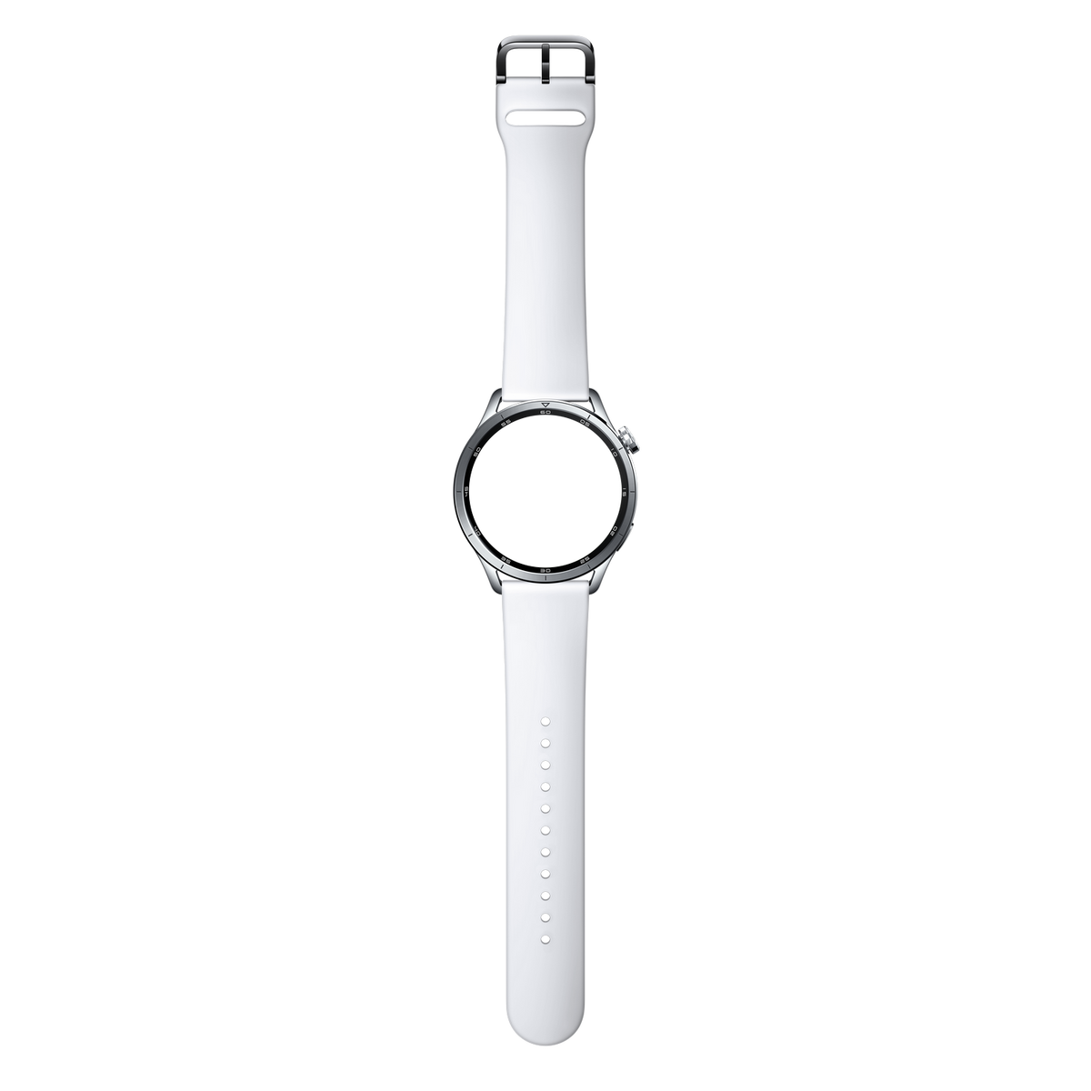Eine weiße Smartwatch mit silbernem Gehäuse und schwarzem Display.