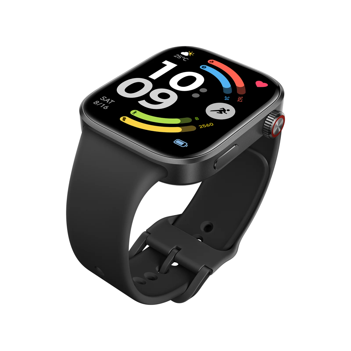 Eine schwarze Smartwatch mit dunklem Zifferblatt zeigt 10:09 Uhr, Datum und Fitnessdaten.