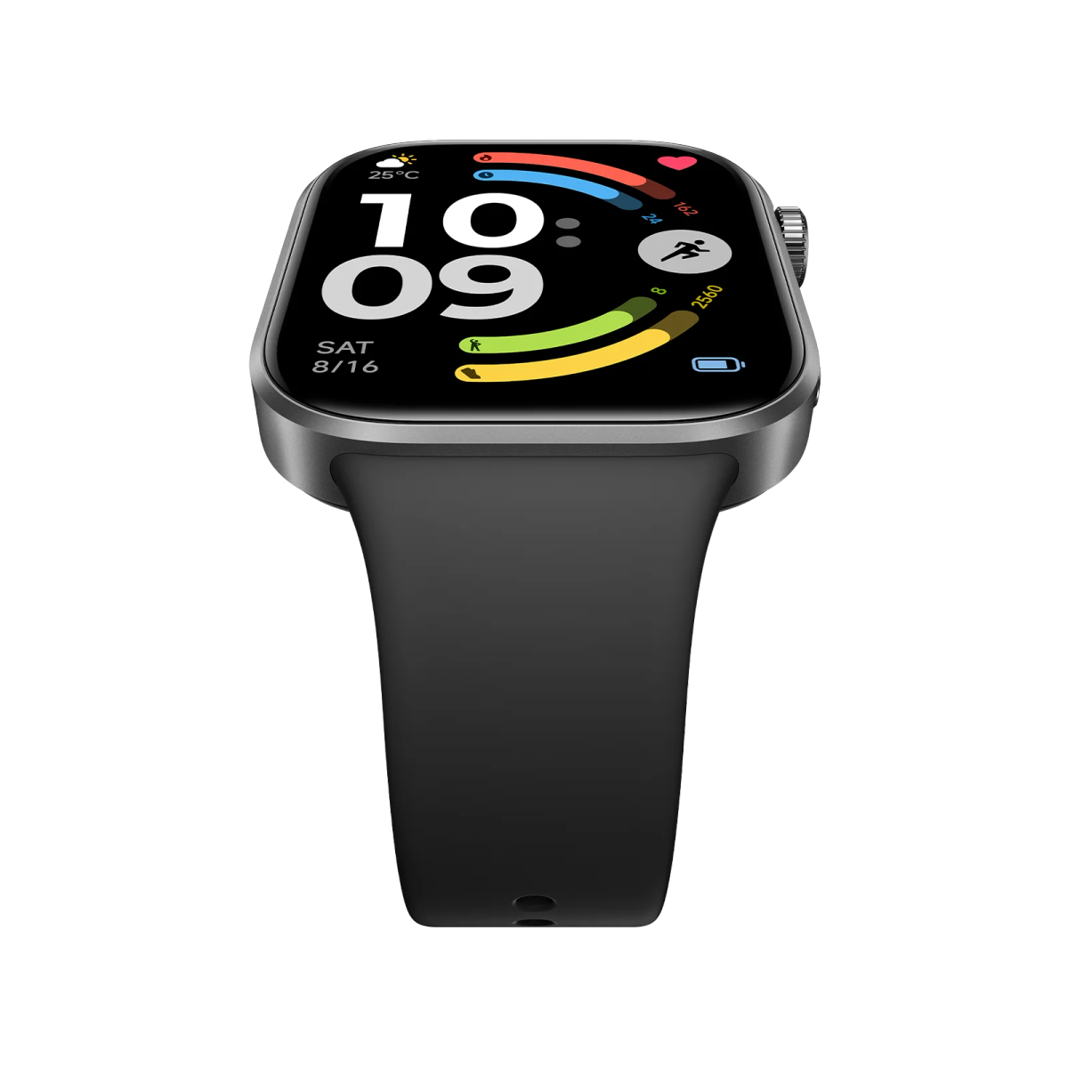 Eine graue Smartwatch zeigt 10:09 Uhr, 25°C, Aktivitätsbalken und Akku an.