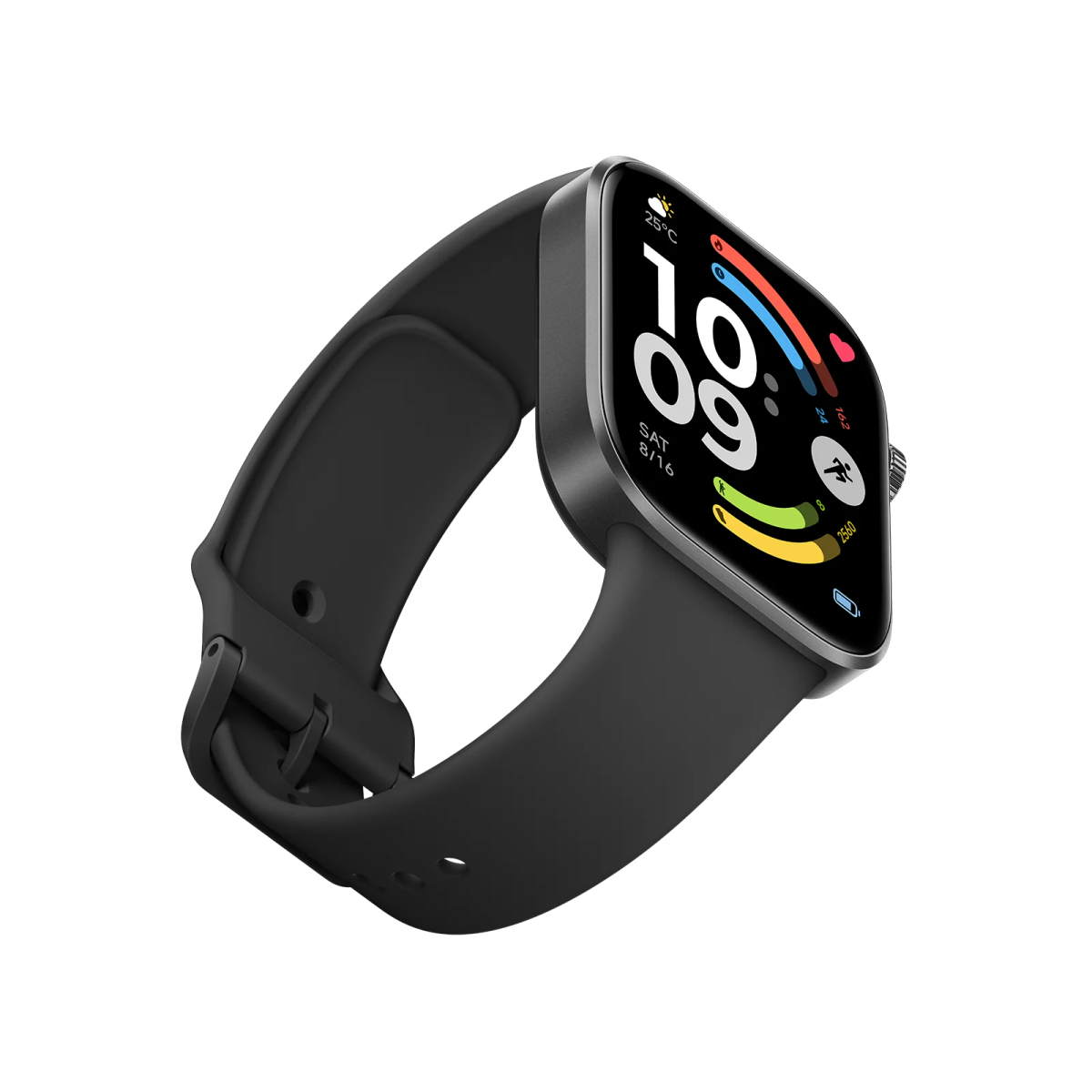 Schwarze Smartwatch mit quadratischem Display, zeigt Uhrzeit und Aktivitätsdaten an.