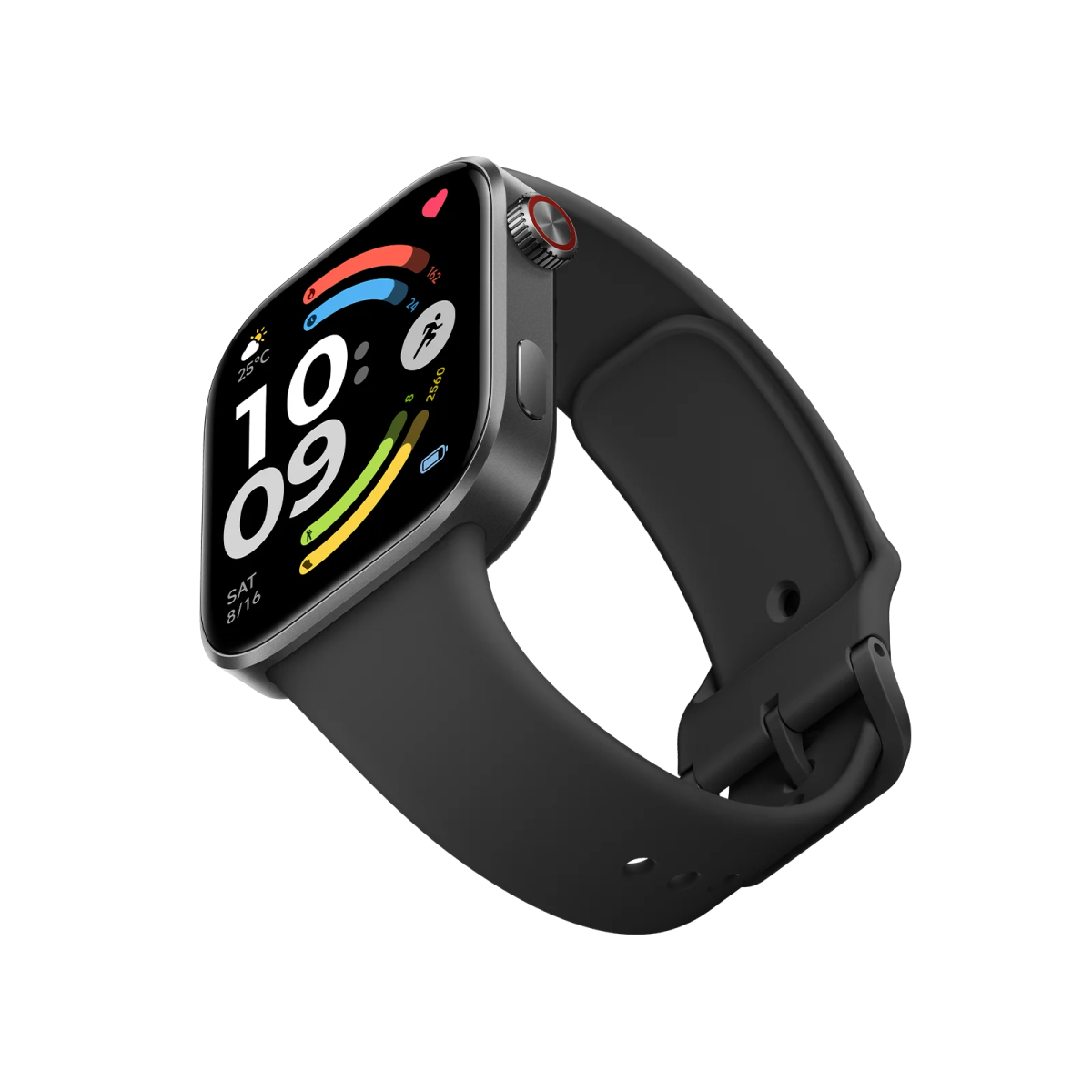 Eine graue Smartwatch mit schwarzem Armband auf schwarzem Hintergrund.