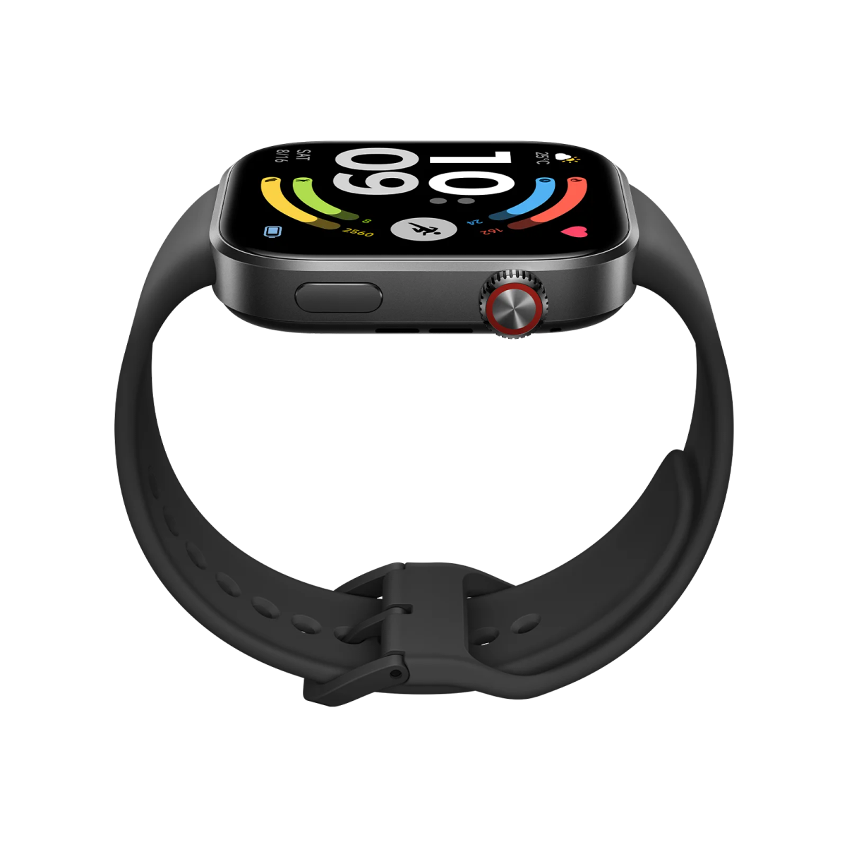 Eine graue Smartwatch mit schwarzem Armband und einem digitalen Zifferblatt.