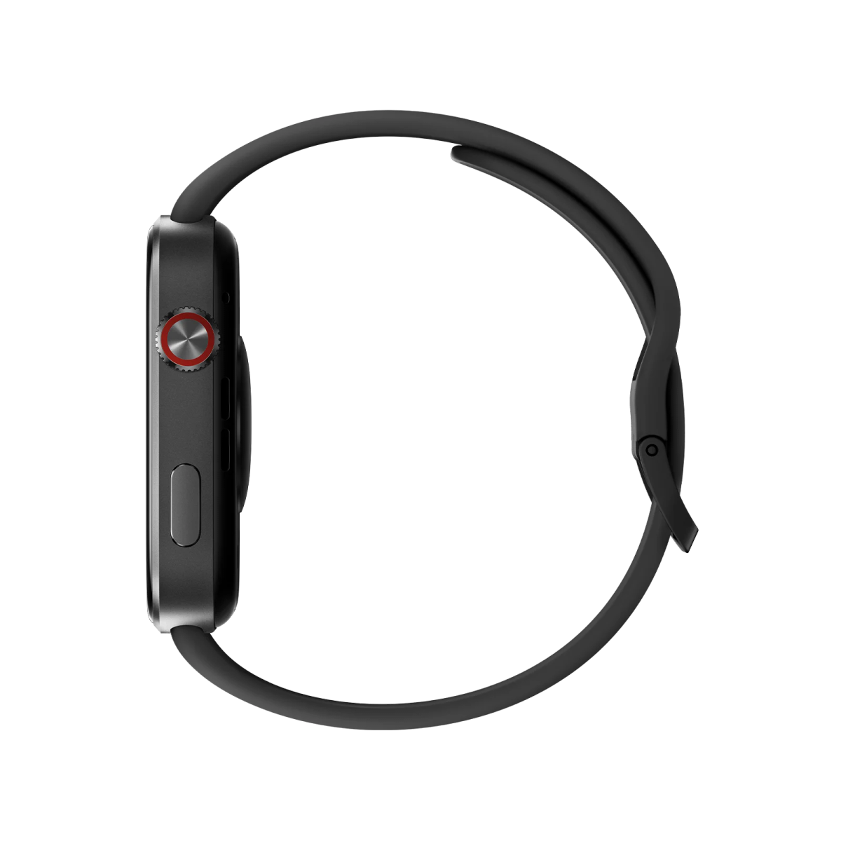 Graue Smartwatch mit rotem Knopf, schwarzes Armband, Seitenansicht.