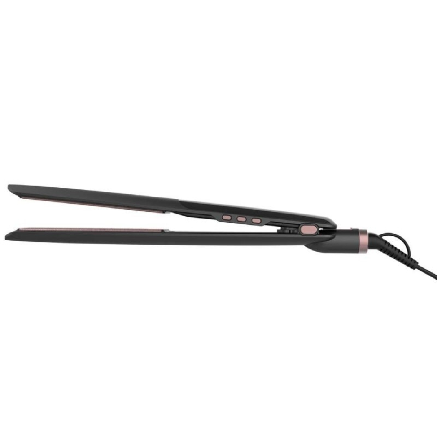 Plancha de pelo negra con detalles en oro rosa, sobre fondo blanco.